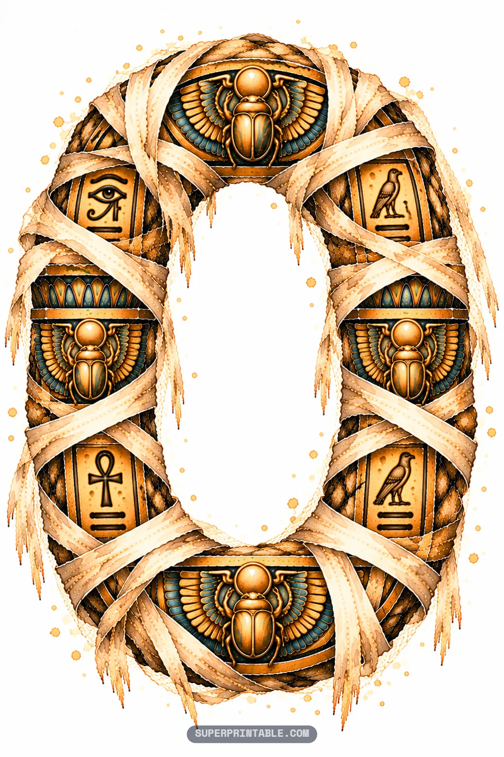 Circular tomb letter O wrapped in linen gauze and flanked by four winged golden scarab medallions