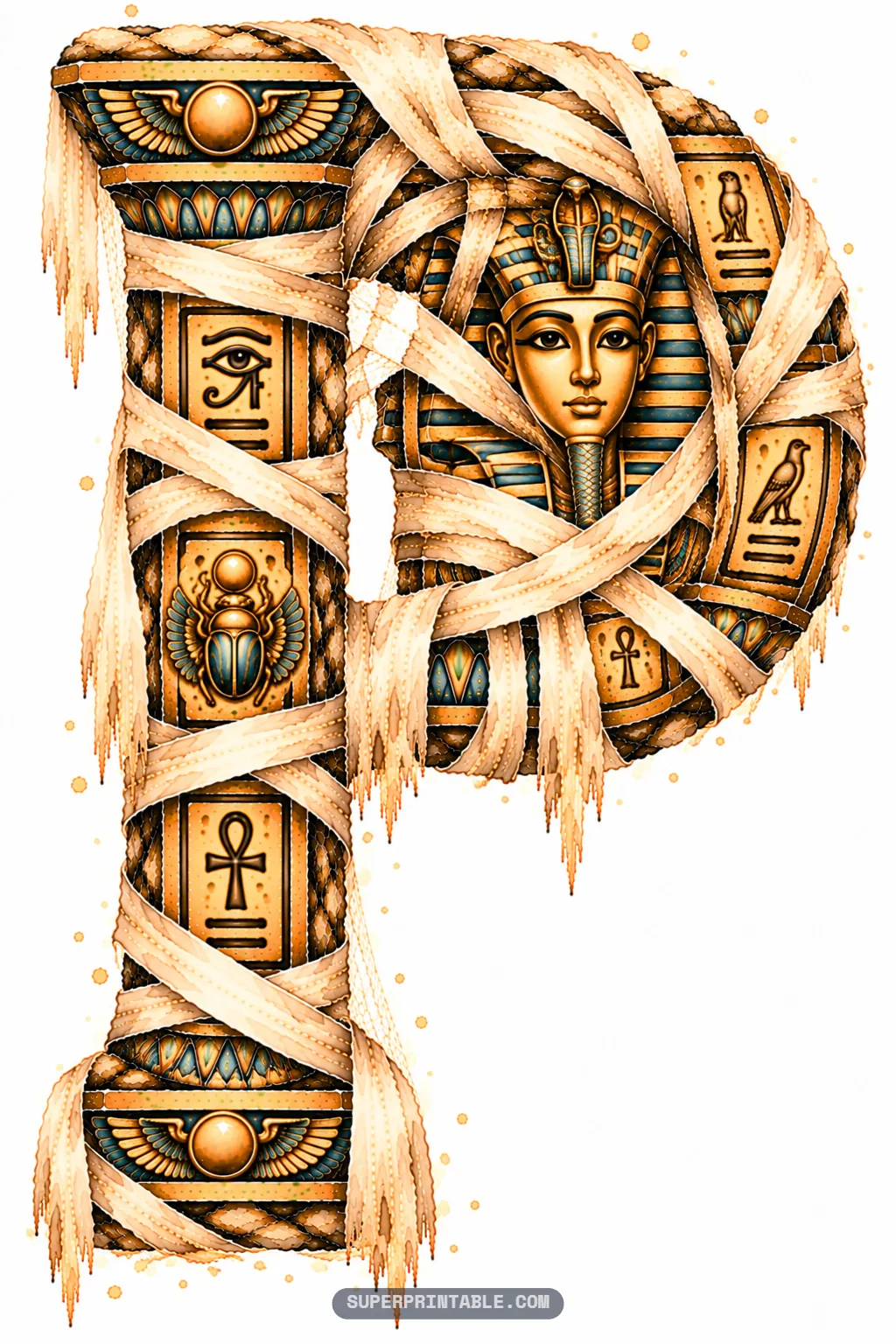 Majestic letter P swathed in mummy linens featuring a golden Egyptian Pharaoh death mask in its loop