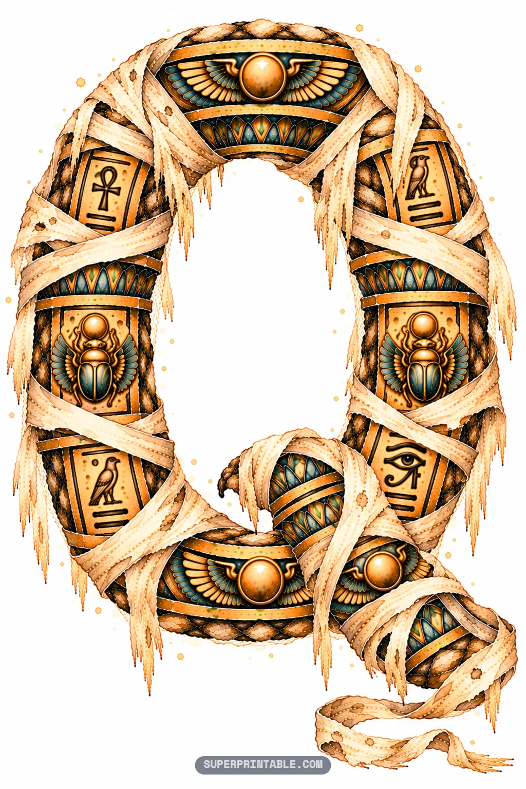 Circular Egyptian letter Q with carved scarab tablets, mummy bandages, and a coiled serpent tail
