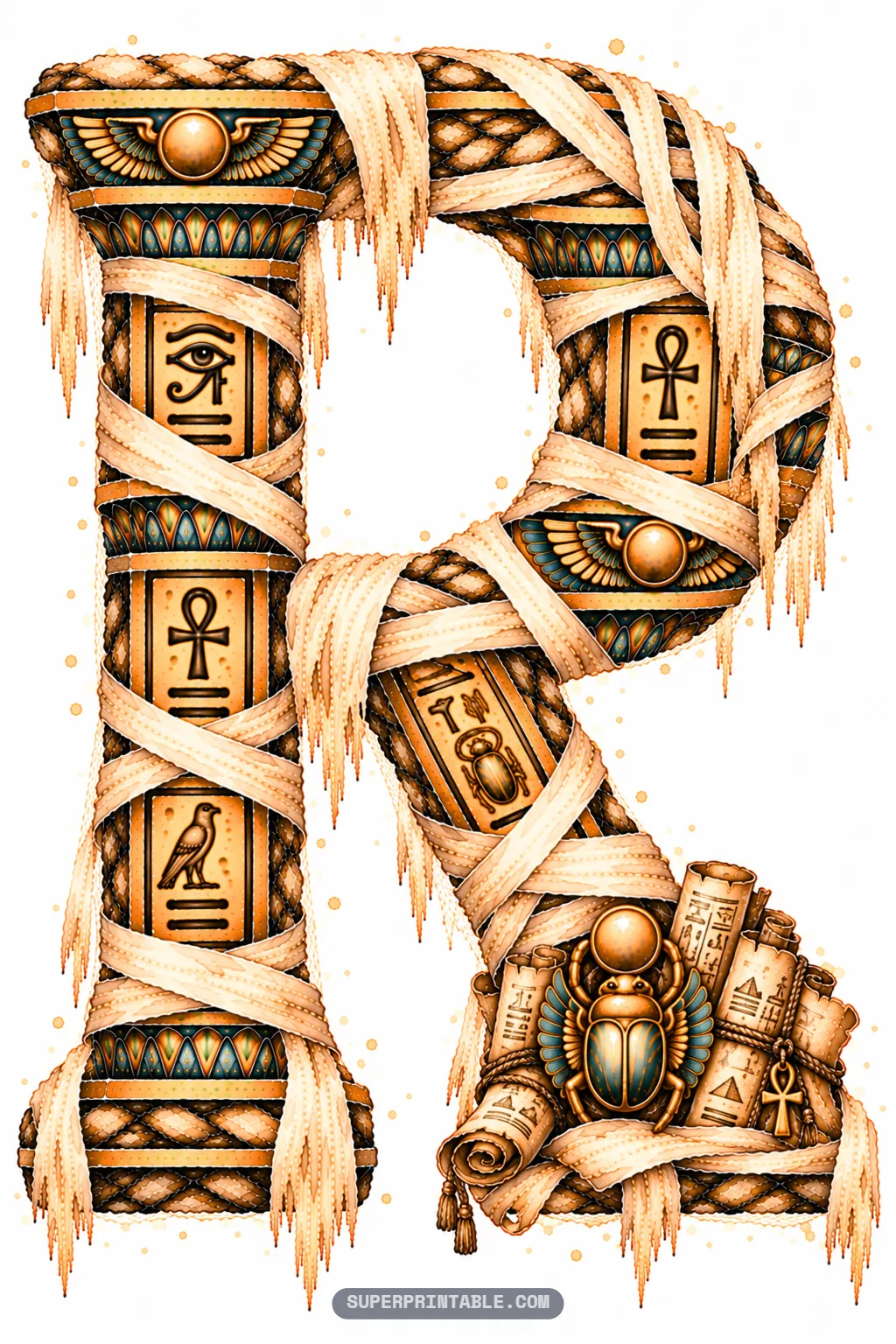 Ancient stone letter R wrapped in bandages with rolled papyrus scrolls and a golden scarab at its foot