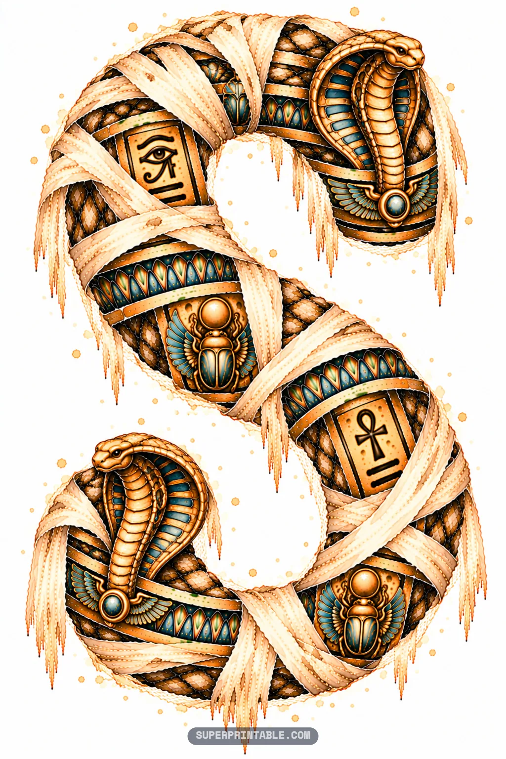 Sinuous letter S formed by two rearing Egyptian cobras wrapped in mummy gauze with winged scarabs