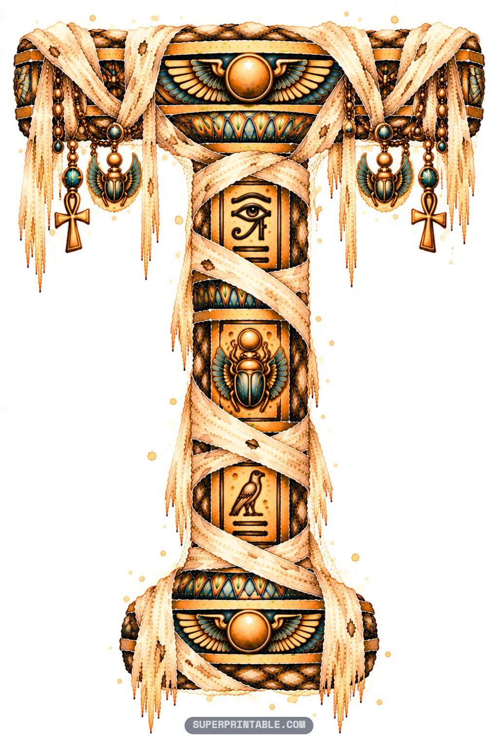 Tomb gateway letter T wrapped in mummy linen with hanging golden ankh pendants and winged sun lintel