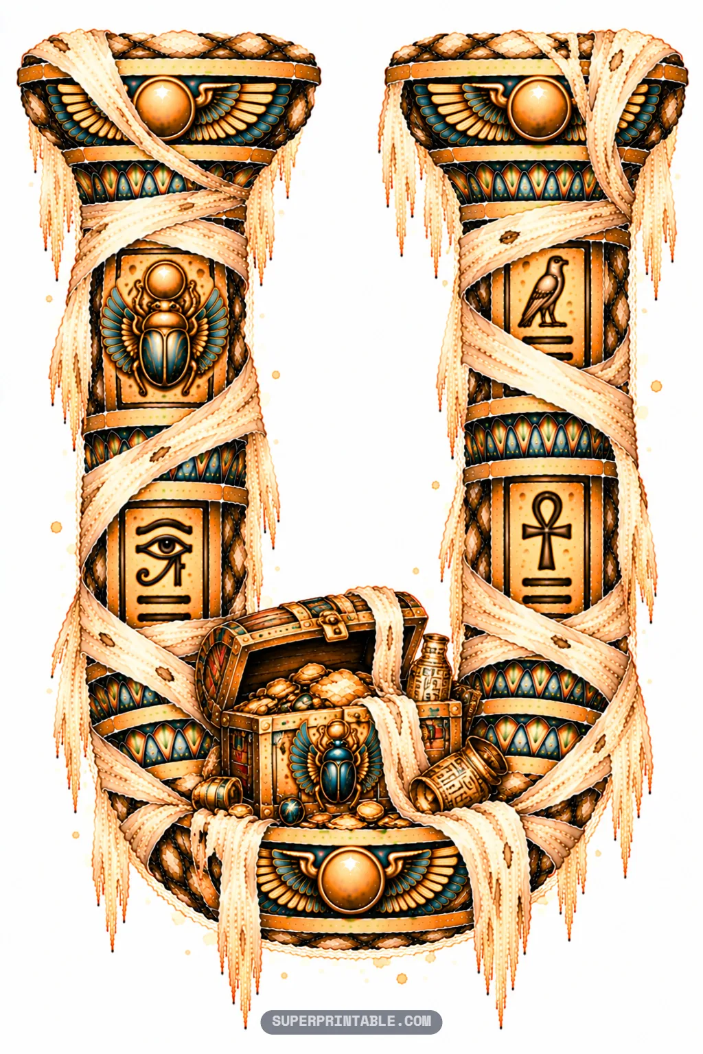 Ancient letter U wrapped in mummy bandages holding an overflowing Egyptian gold treasure chest