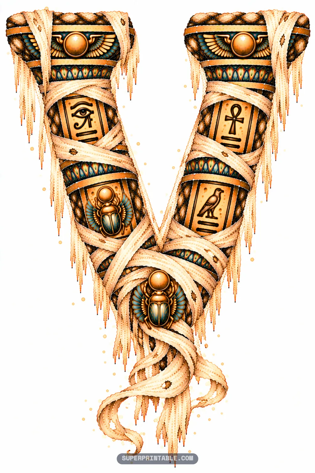 Sandstone letter V wrapped in linen mummy bandages joined at the base with a golden scarab clasp
