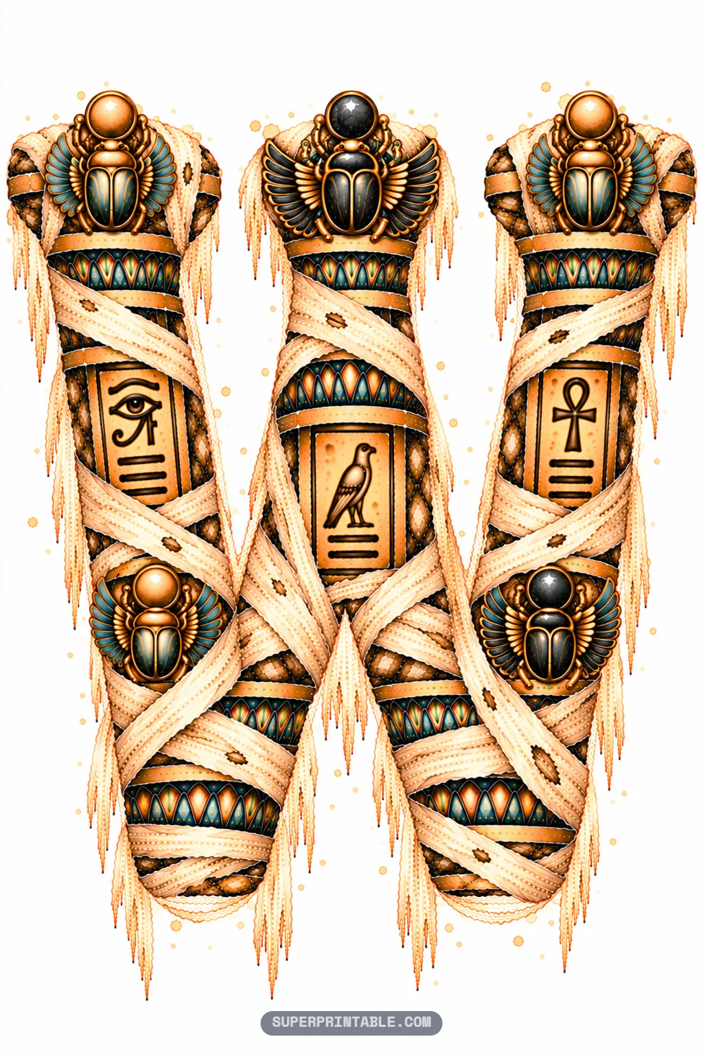 Triple-towered letter W wrapped in mummy linen with three sculpted golden scarab beetles at the top