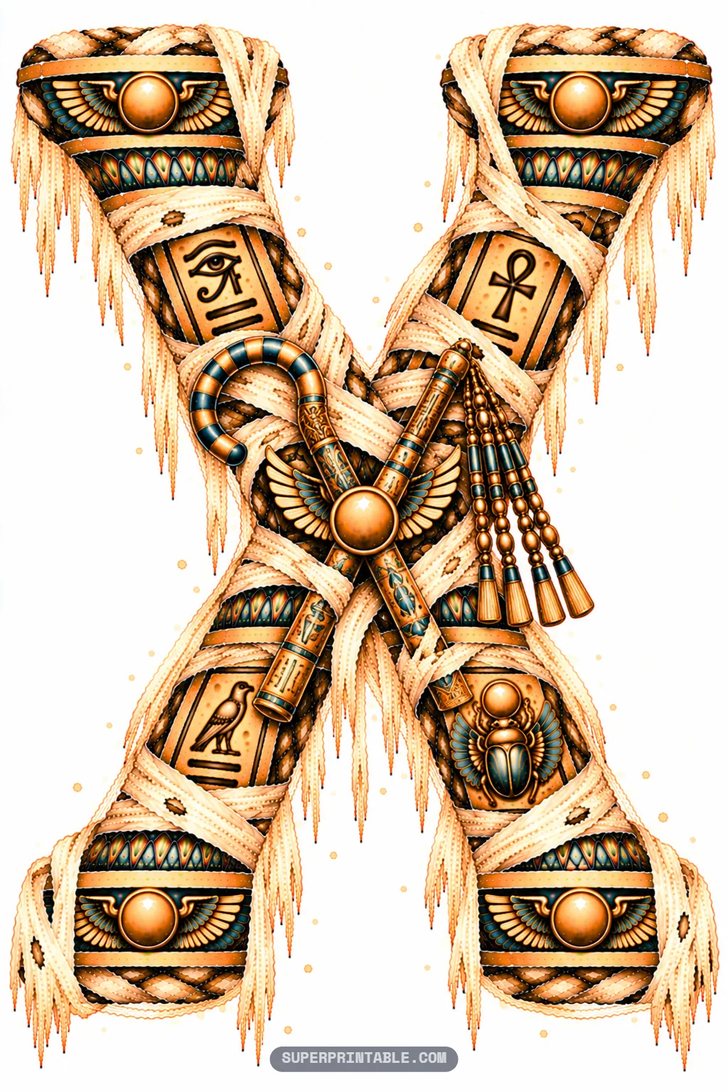 Diagonal stone letter X wrapped in mummy cloth and crossed with royal Pharaoh crook and flail regalia