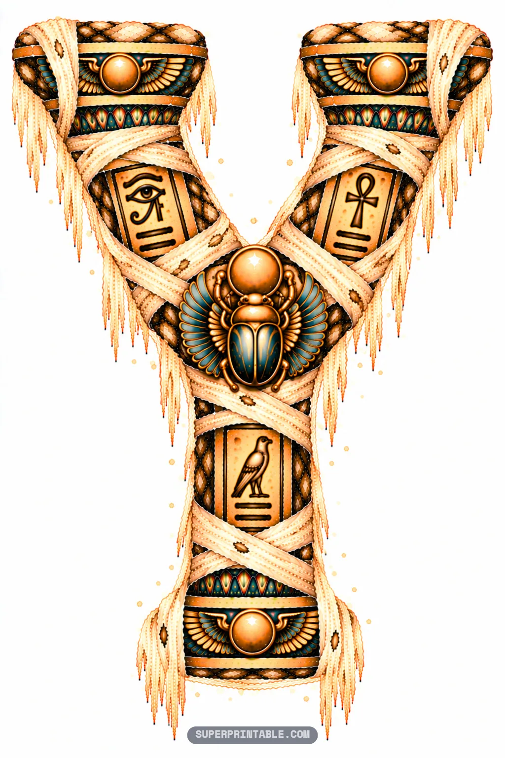 Ancient stone letter Y wrapped in mummy gauze featuring an ornate winged scarab at the central branch