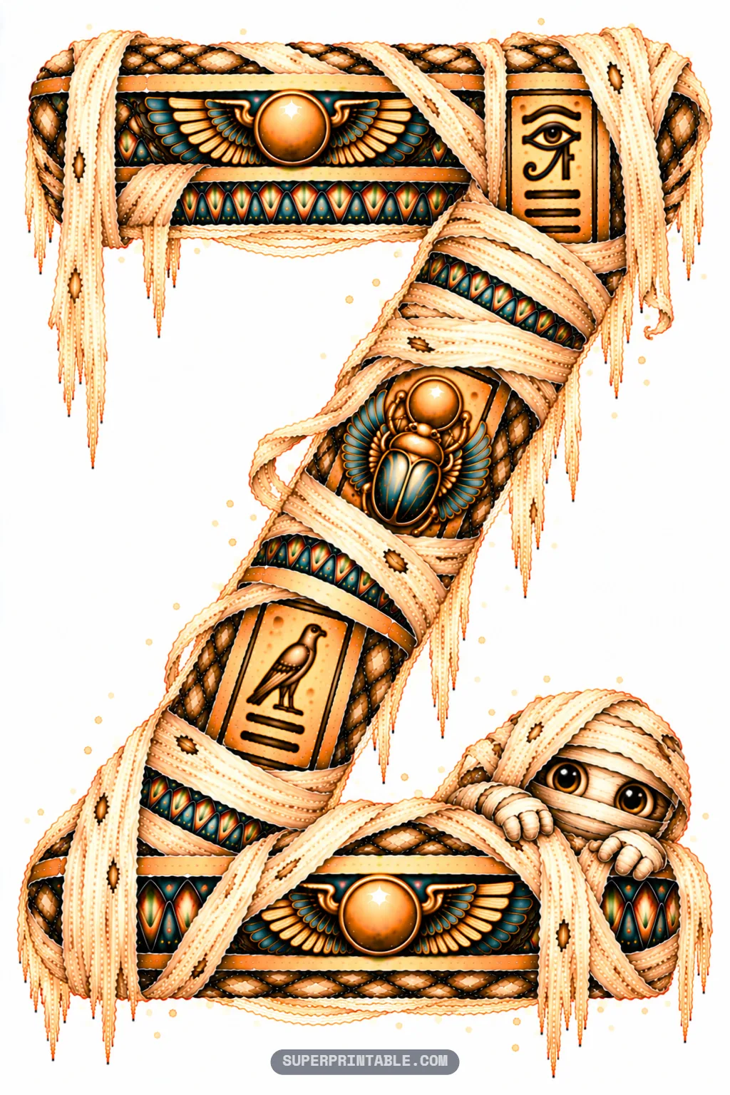 Sandstone letter Z bound in mummy bandages with a cute wide-eyed chibi mummy resting on the base