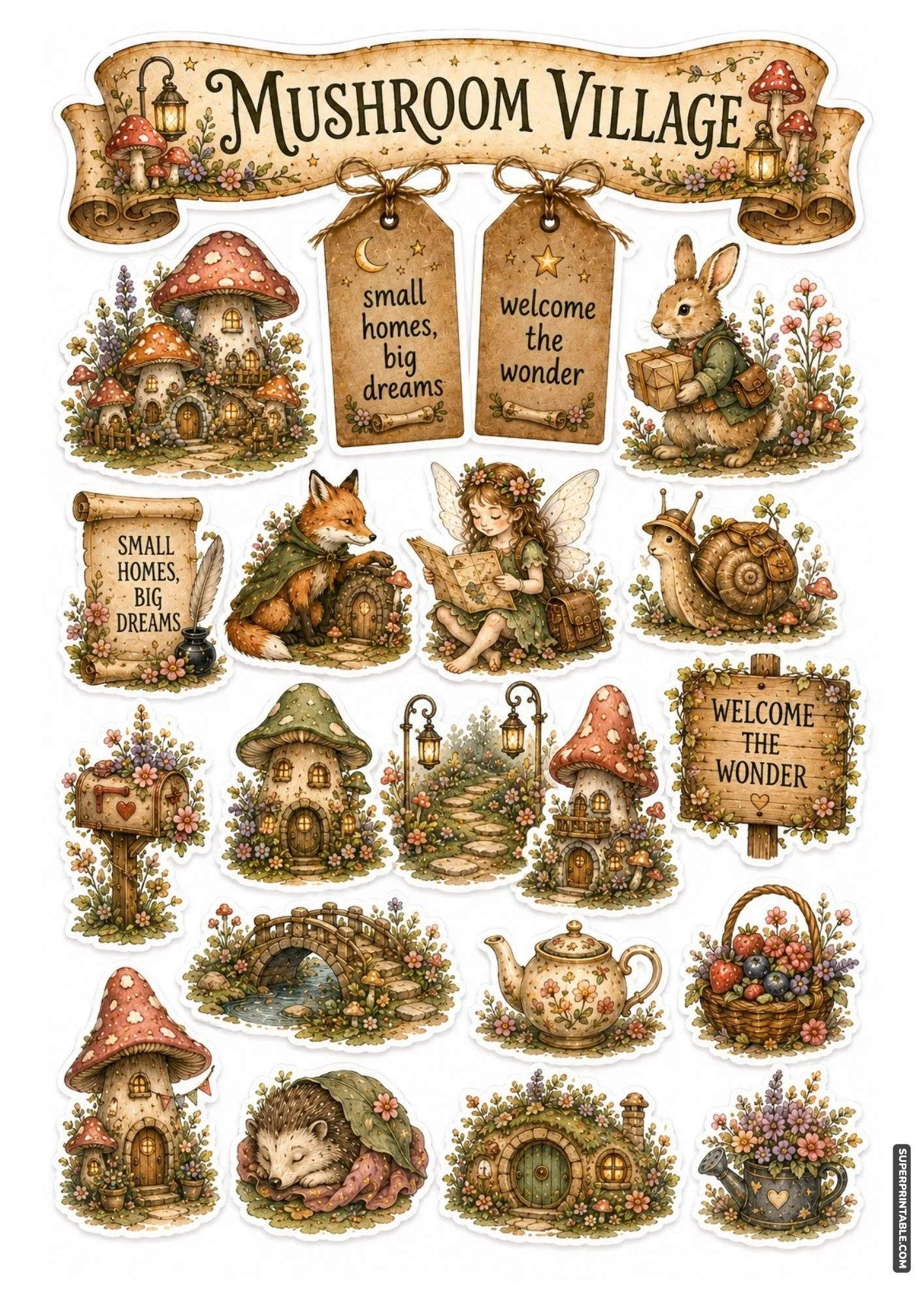 Whimsical mushroom village sticker sheet with toadstool houses and stone arch bridges.