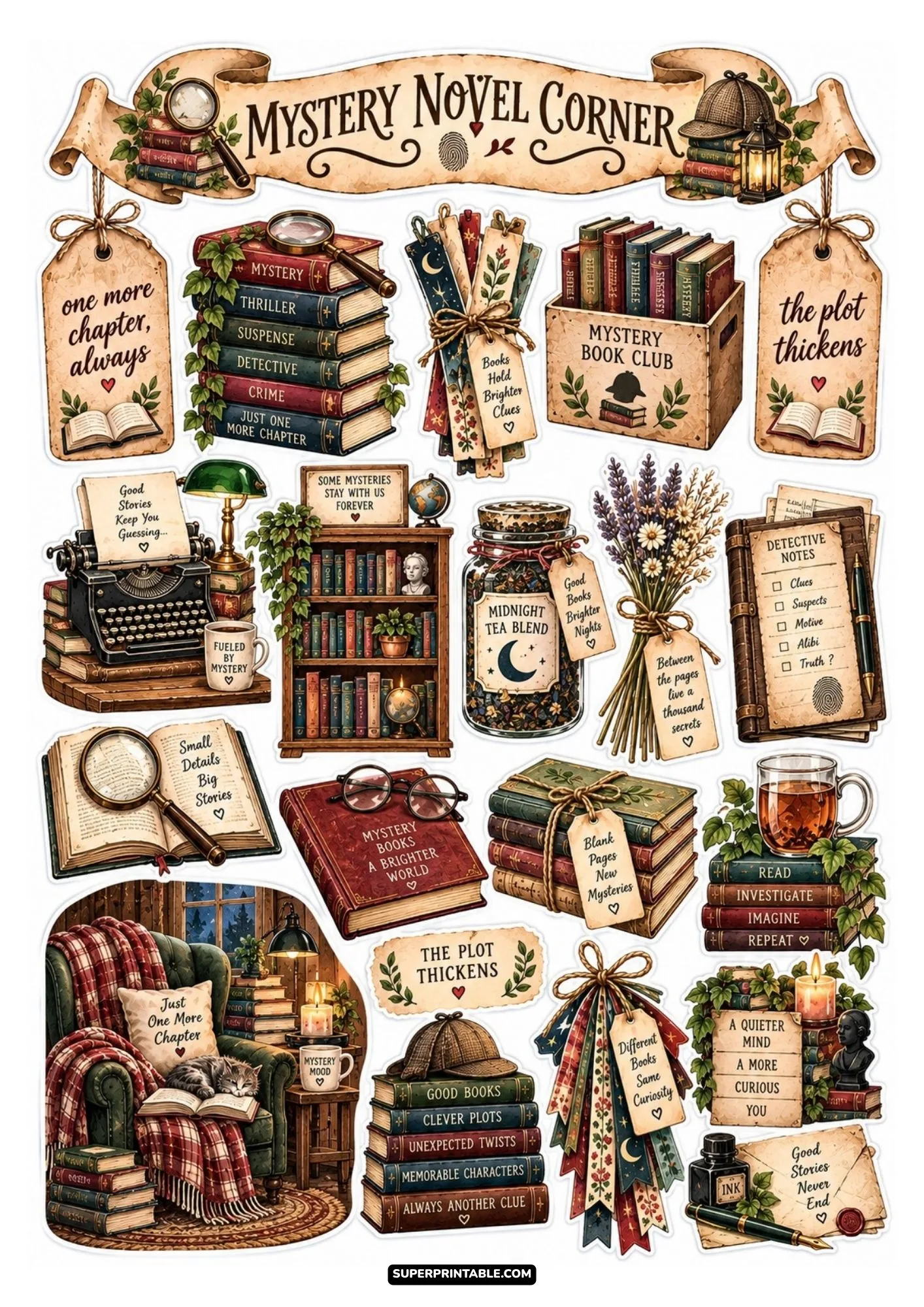Mystery novel sticker sheet featuring a vintage typewriter, magnifying glass, and detective notes.