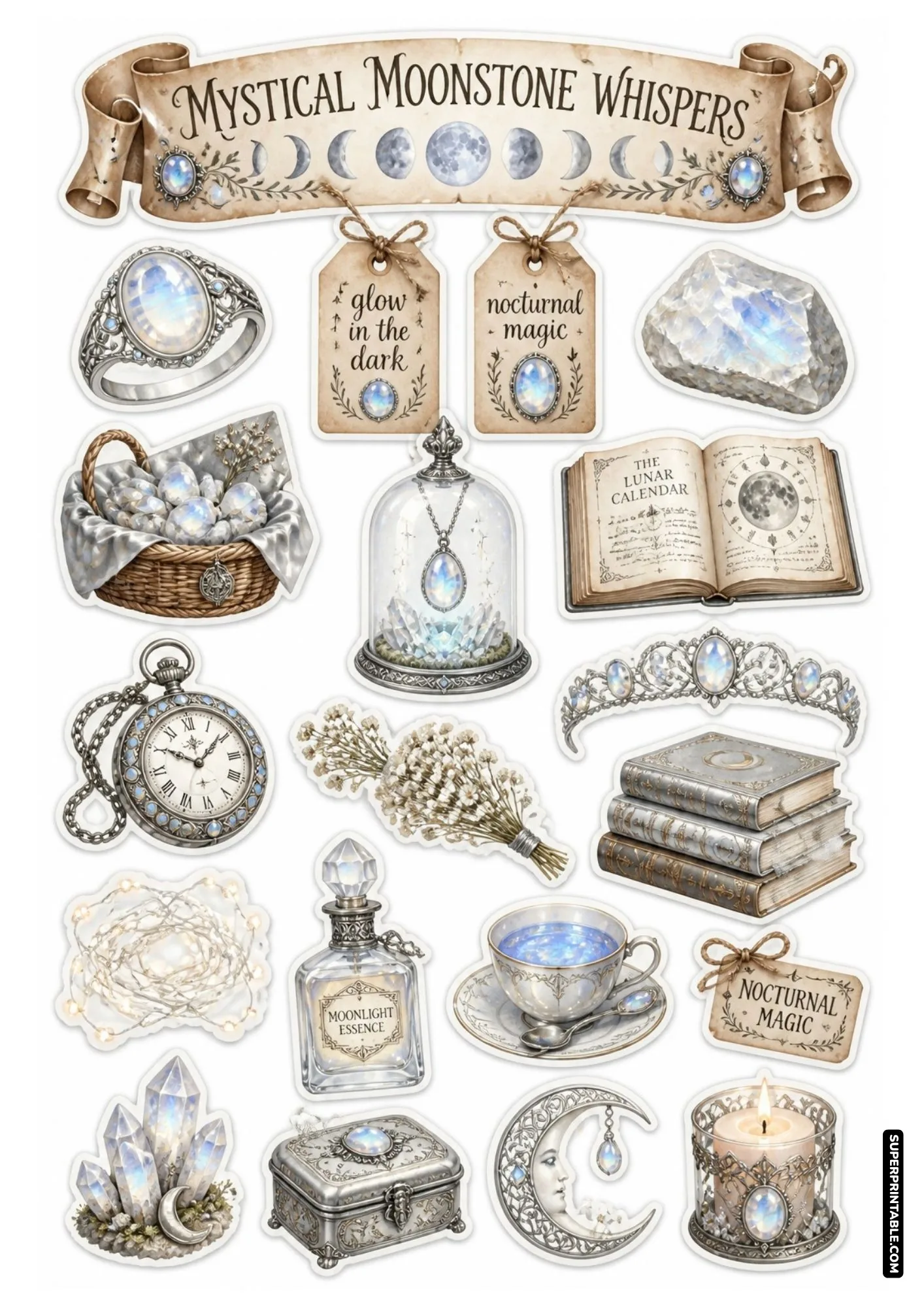 Iridescent moonstone crystals, silver crown, pocket watch, and lunar calendar on a celestial sticker sheet.