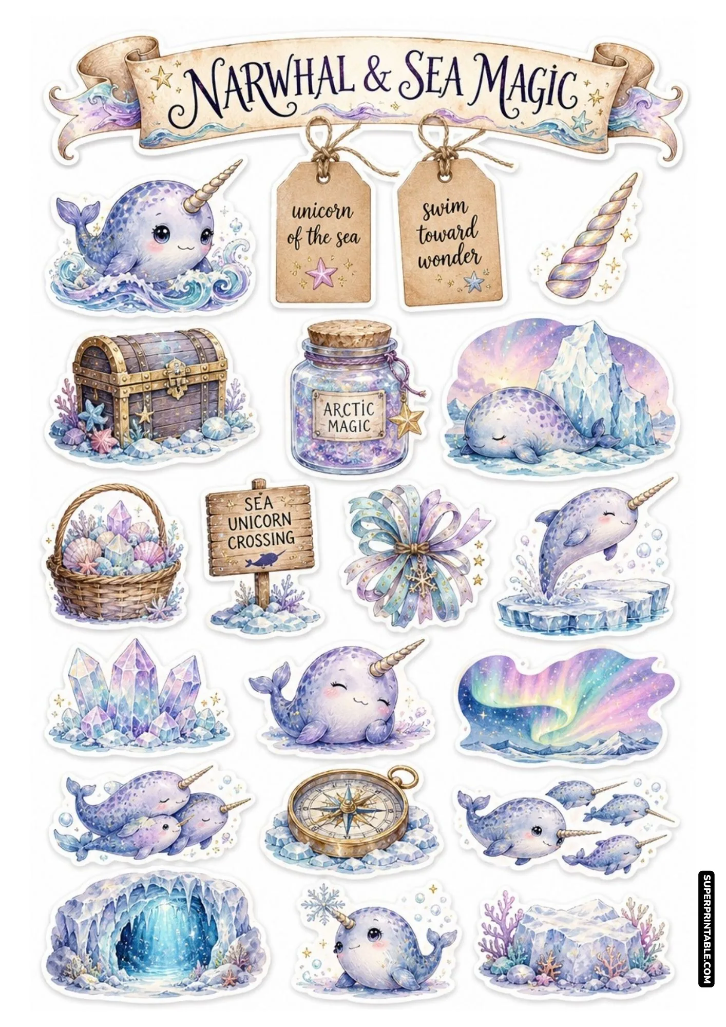 Adorable narwhal sticker sheet with arctic magic jars, icebergs, aurora borealis, and ocean crystals.