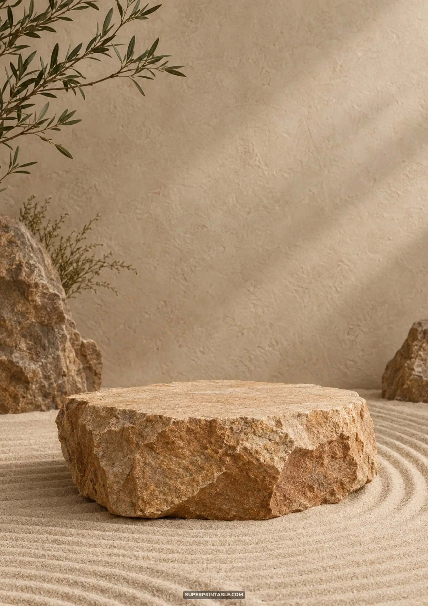 Rough stone podium set in raked zen sand beside boulders and natural olive branches under soft studio lighting