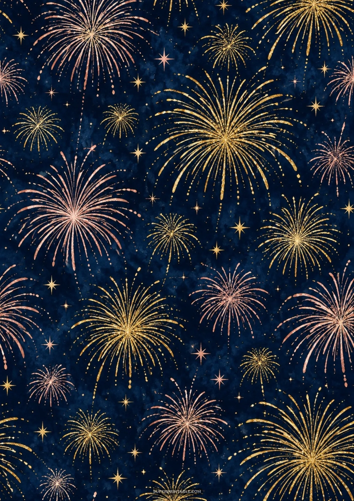 Exploding golden and bronze fireworks pattern on dark navy watercolor texture