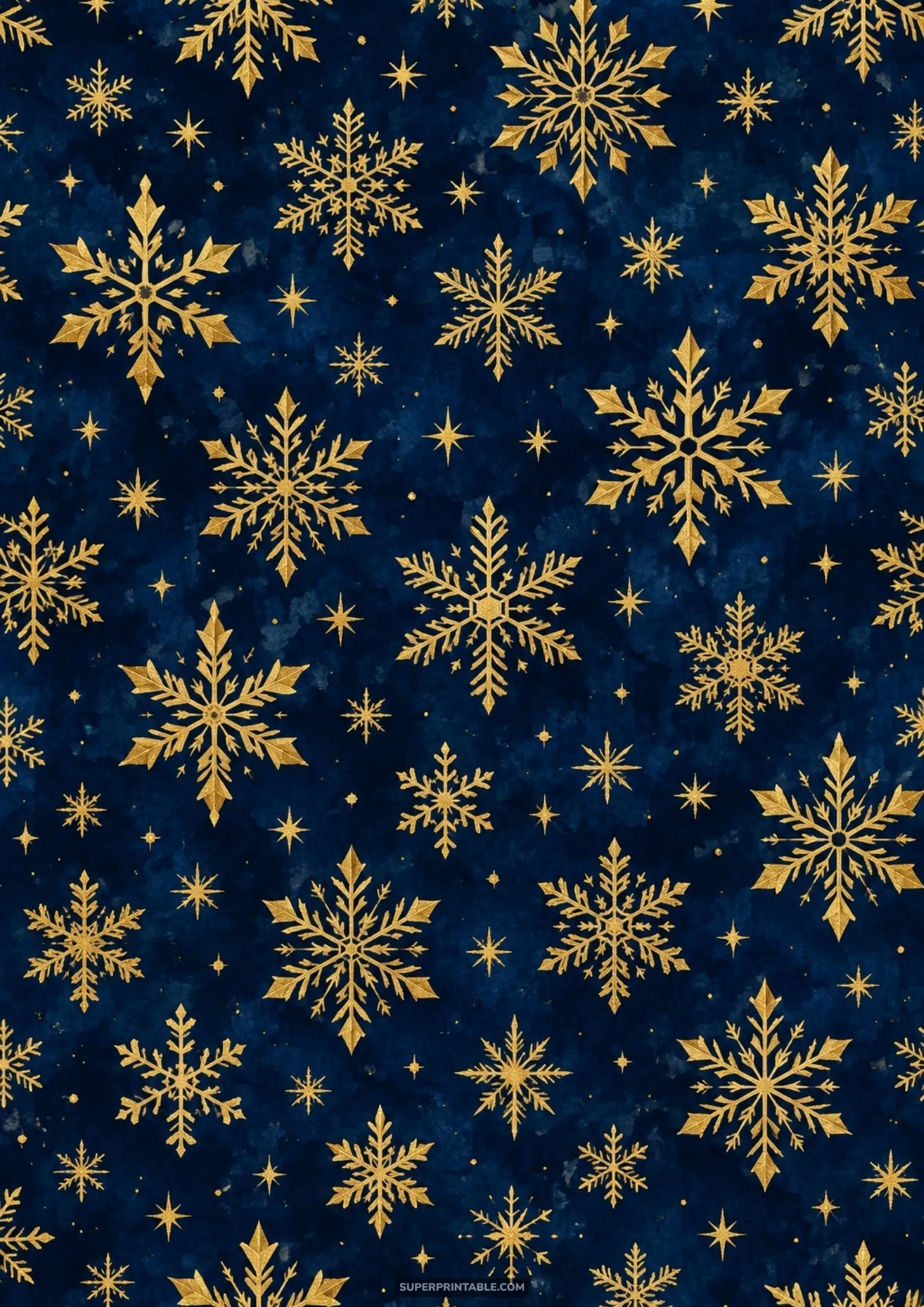 Intricate metallic gold snowflakes patterned across a deep navy blue field