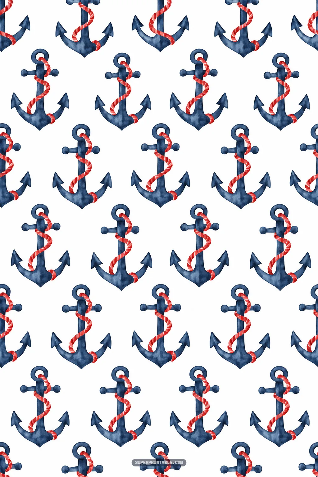Seamless coastal nautical digital papers background with navy blue watercolor anchors and red wrapped ropes
