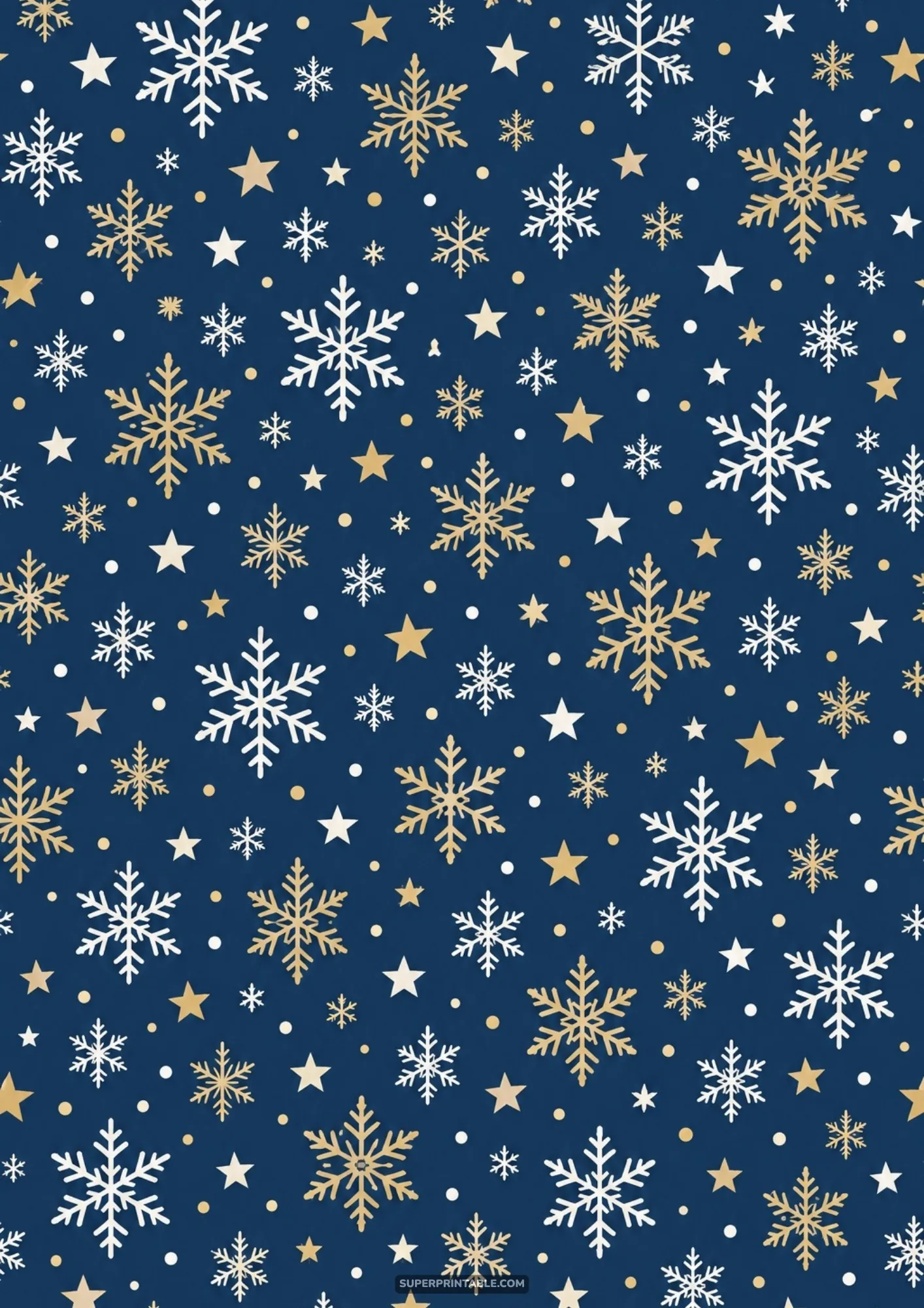 Intricate white and gold snowflakes with glittering stars on a deep midnight navy blue sky.
