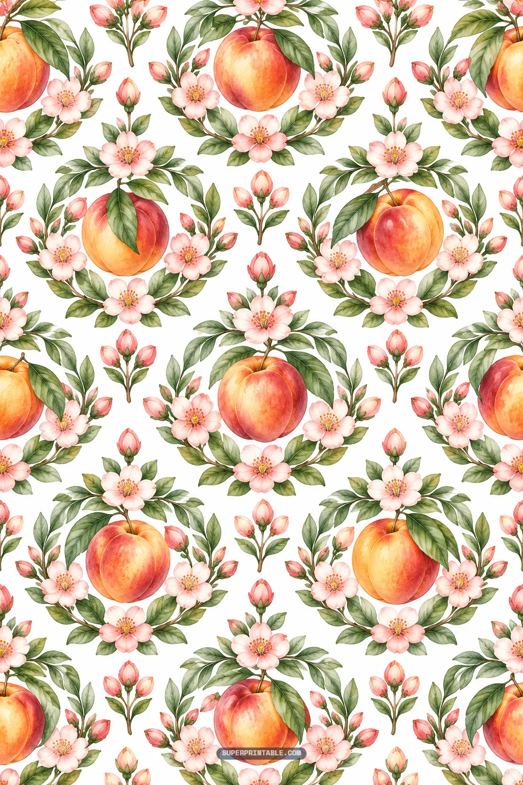 Nectarine orchard digital papers featuring botanical wreaths framing ripe nectarines and pink blossoms.