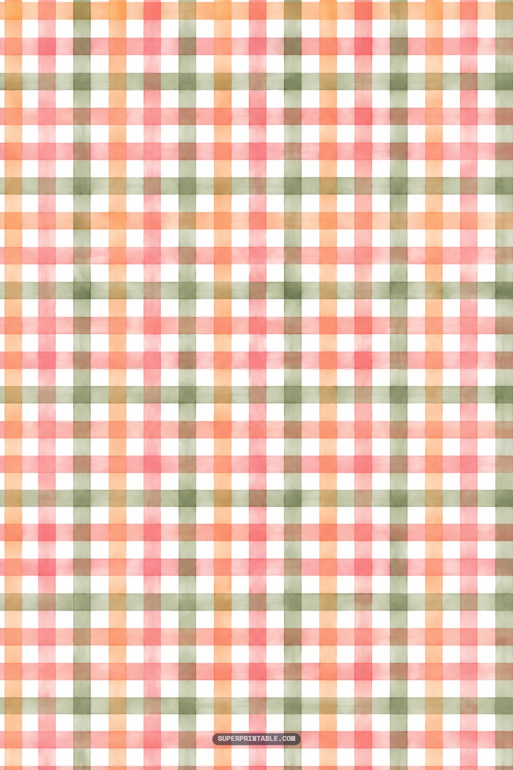 Layered watercolor gingham plaid pattern in nectarine orange, rosy pink, and orchard green.