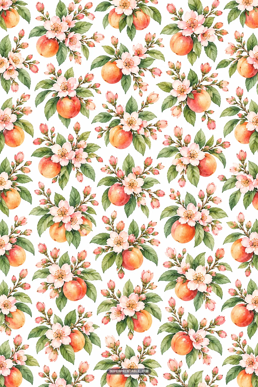 Balanced botanical repeat of nectarine fruit clusters nestled in pink flowers and green leaves.