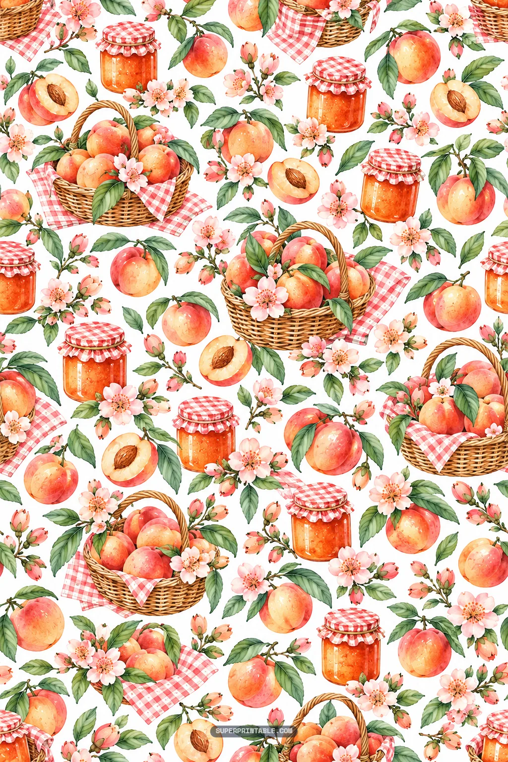 Nectarine orchard digital papers with harvest baskets, homemade jam jars, and gingham cloth.