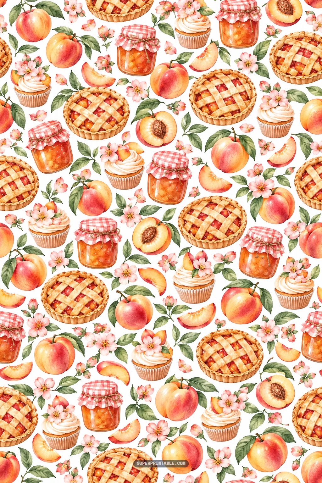 Watercolor bakery pattern with golden nectarine pies, frosted cupcakes, and jars of jam.