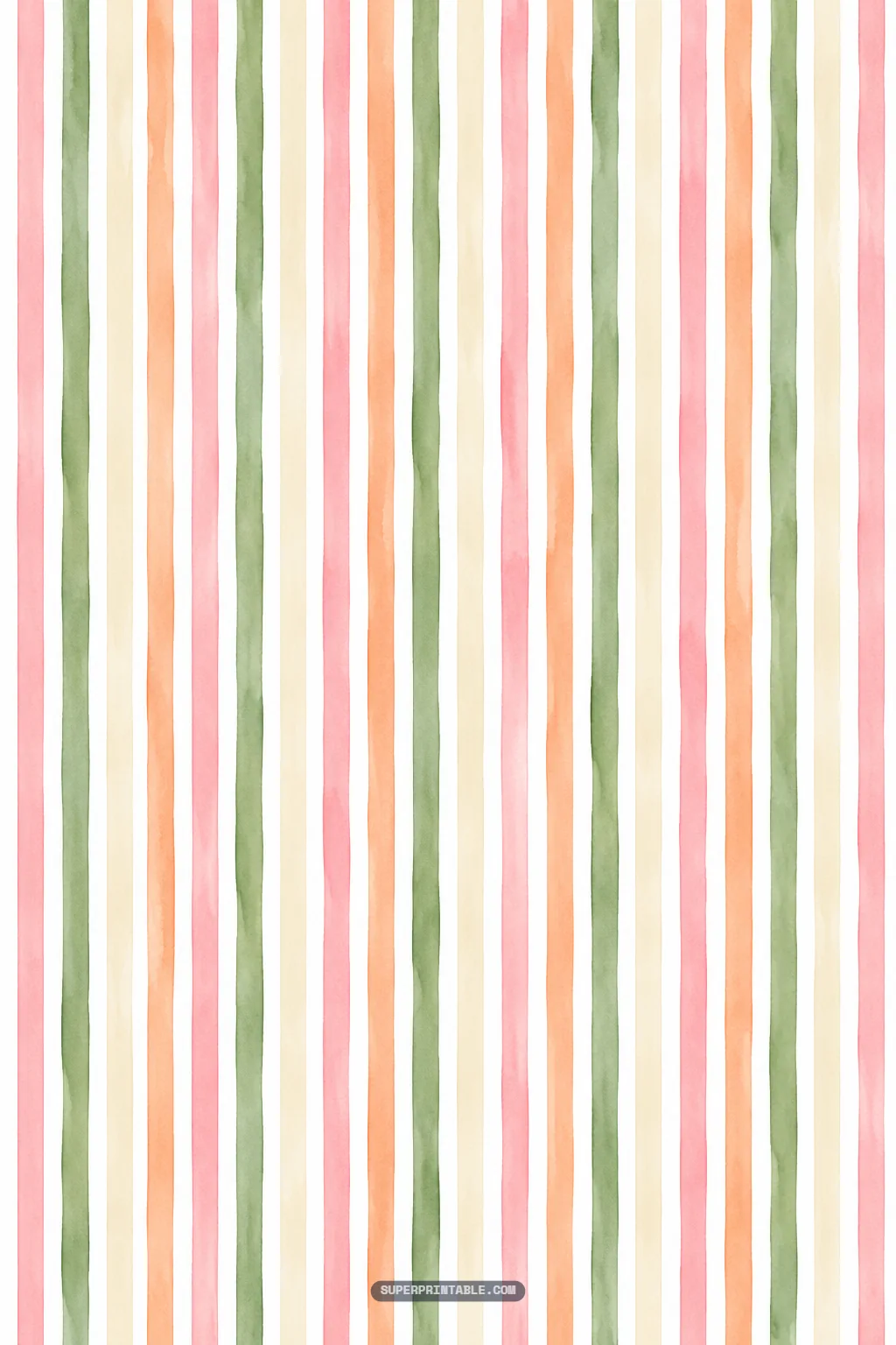 Soft watercolor vertical stripes painted in pastel pink, warm nectarine orange, and sage green.