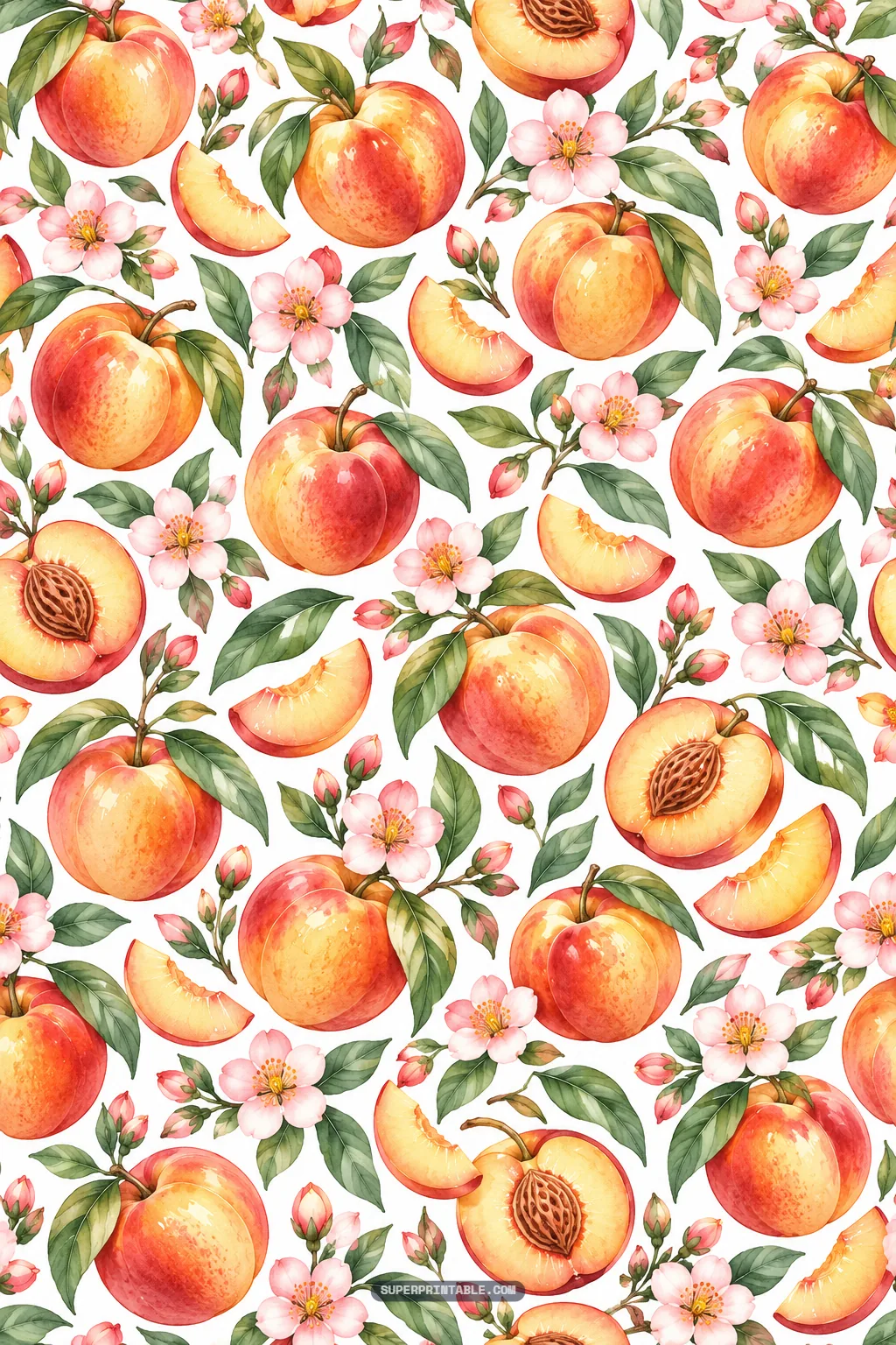 Watercolor scatter pattern of whole nectarines, juicy fruit slices, green leaves, and blossoms.