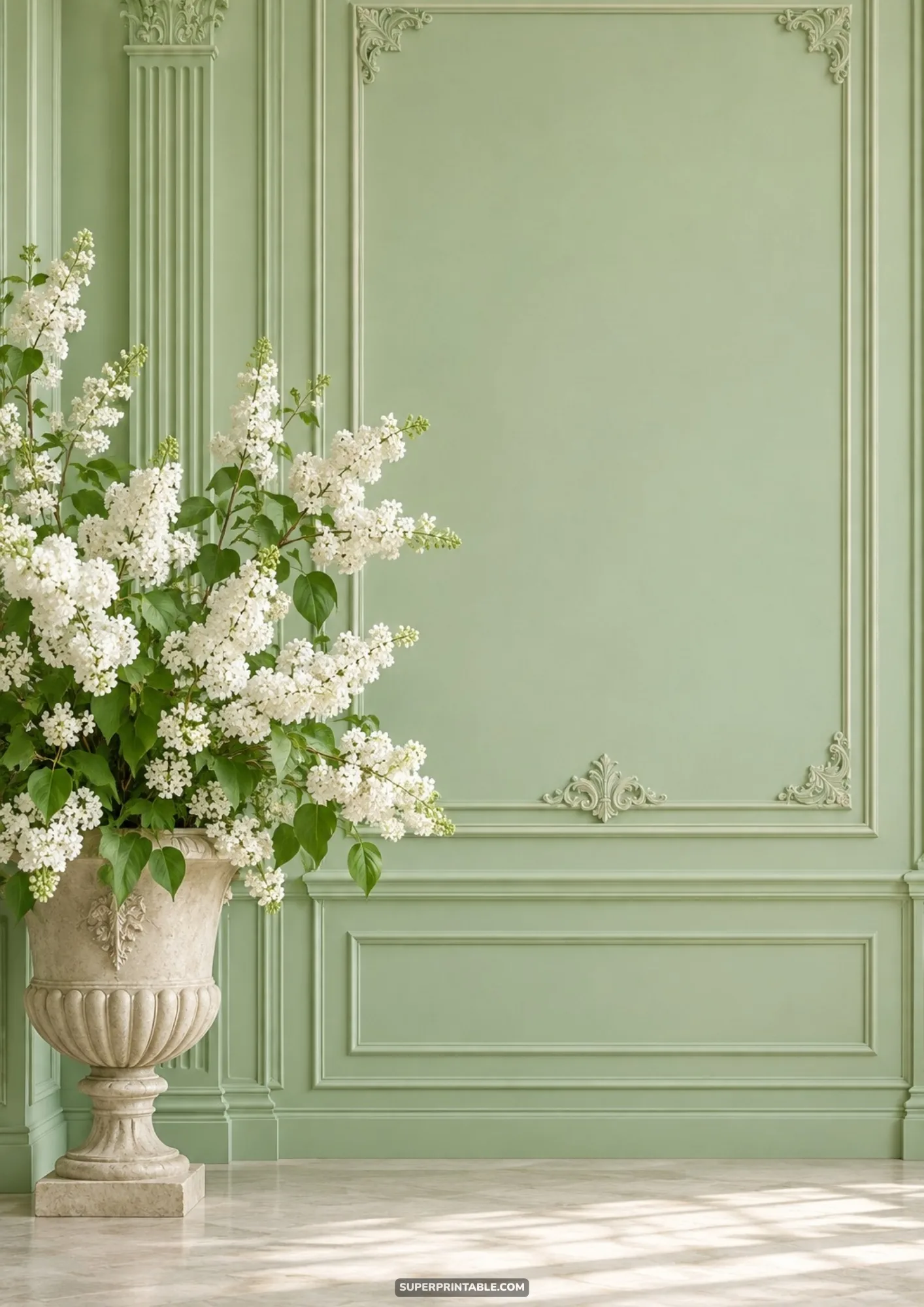 Stone urn filled with lush white lilacs beside elegant sage green paneled wall