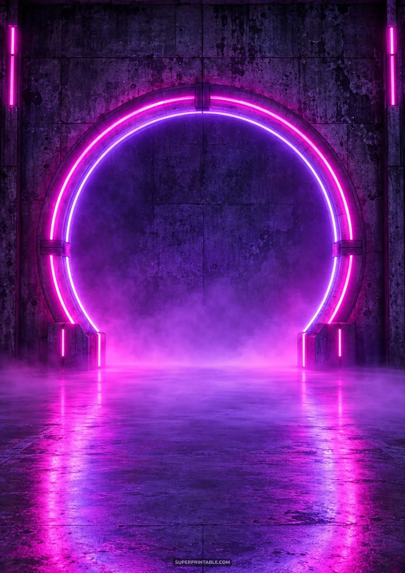 Futuristic circular neon gateway ring radiating vivid pink and violet glow on a misty concrete floor