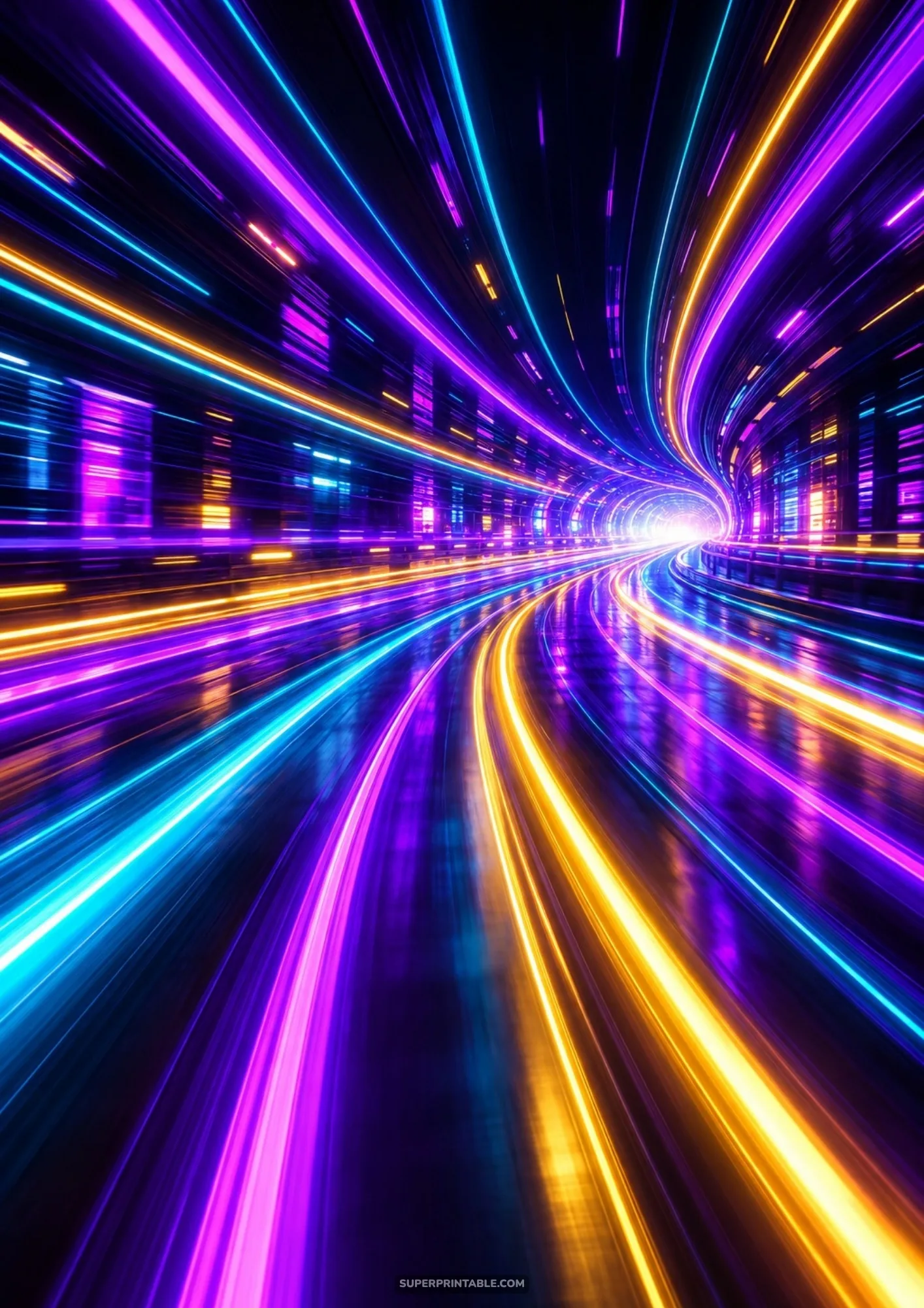 Futuristic neon speed warp tunnel with vibrant yellow, cyan, and magenta motion blur streaks