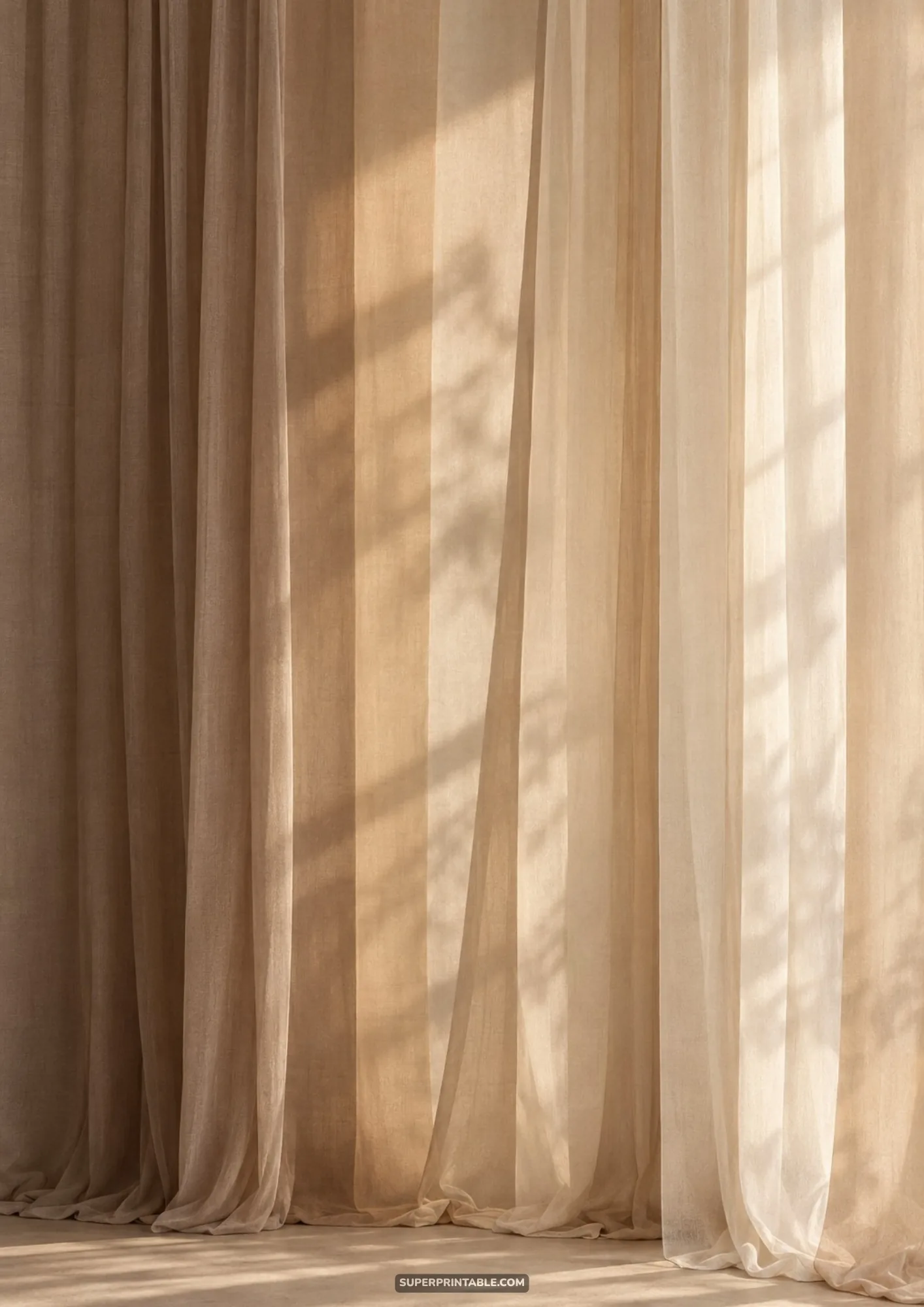 Beige linen and silk sheer curtains hanging straight with soft diagonal window shadows