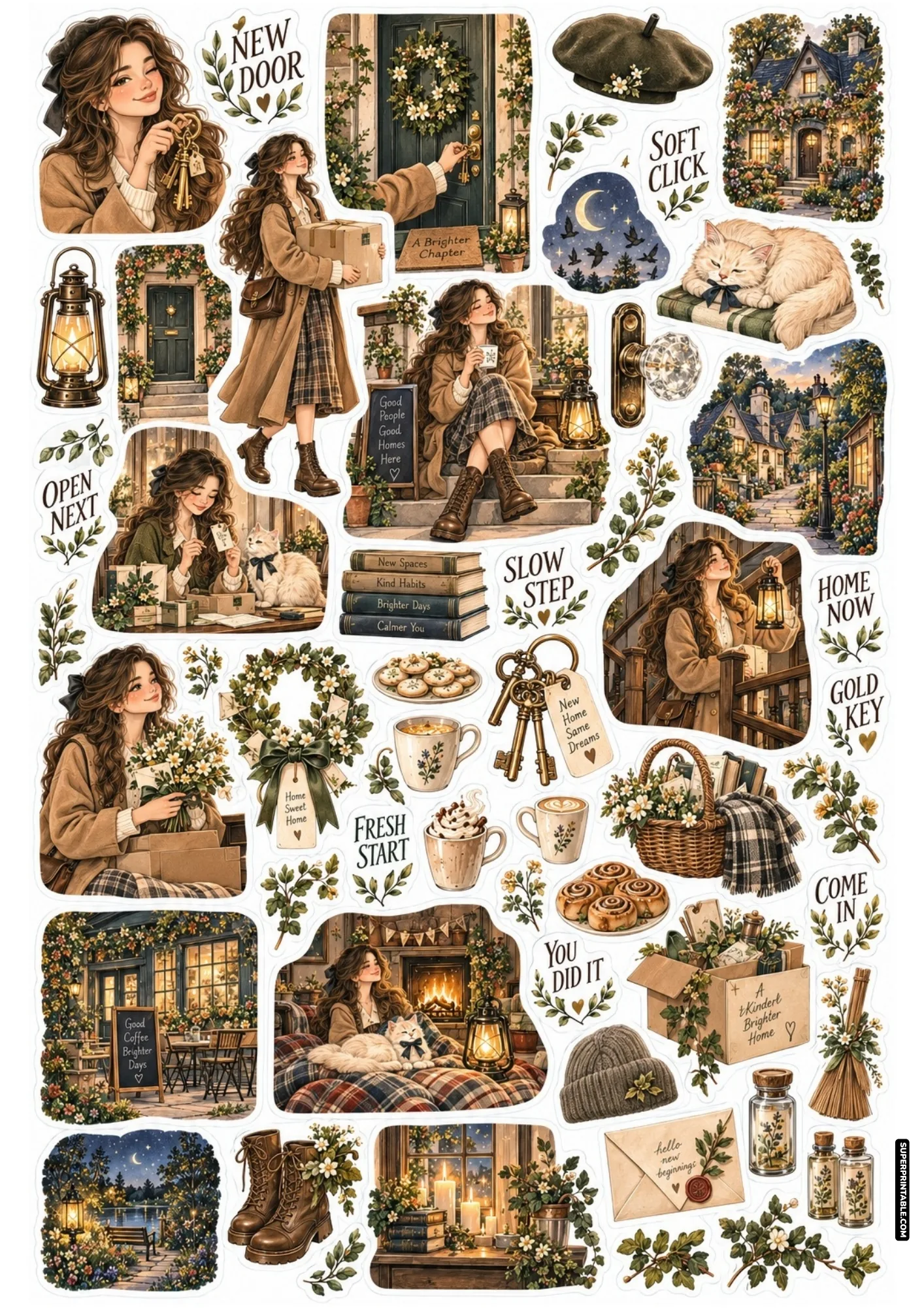 Moving day stickers featuring brass door keys, packed moving boxes, charming cottage doorways, and cozy new home scenes