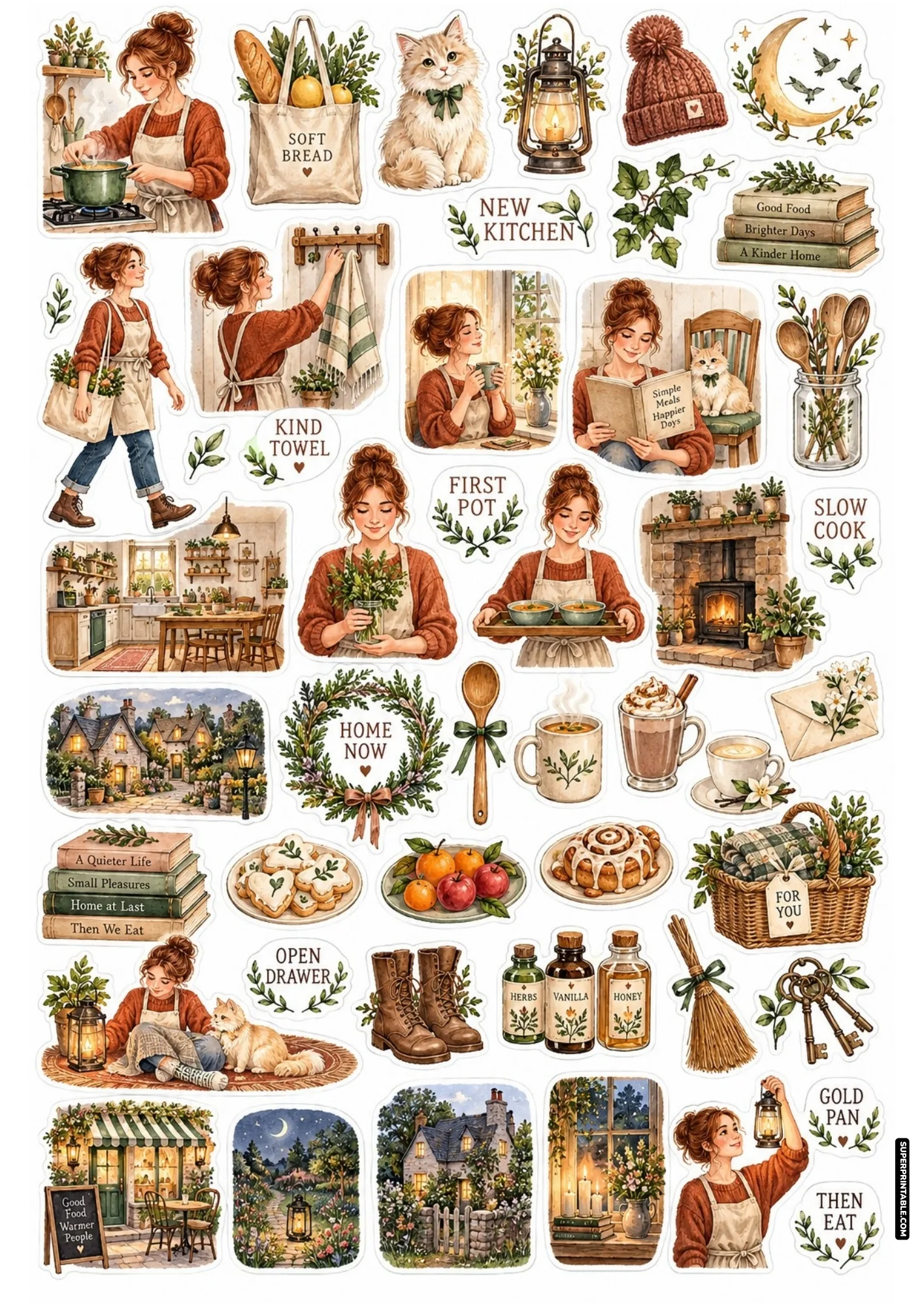 Farmhouse kitchen cooking illustrations with warm soup pot, fresh bread tote, and recipe book