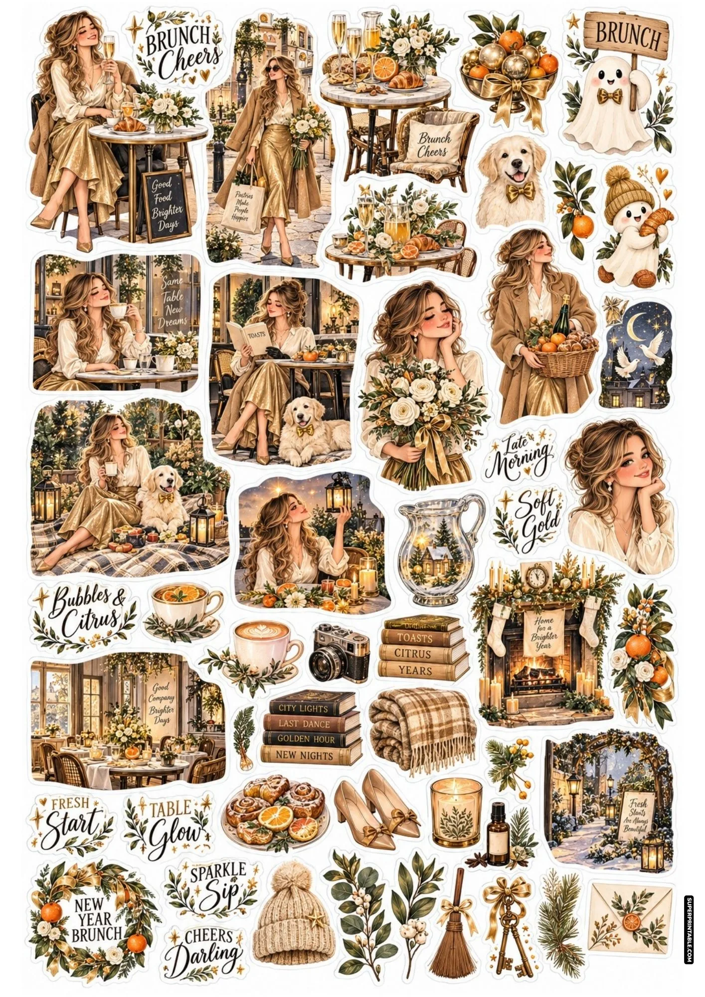 Festive brunch sticker sheet featuring a stylish woman with a golden retriever dog and breakfast treats