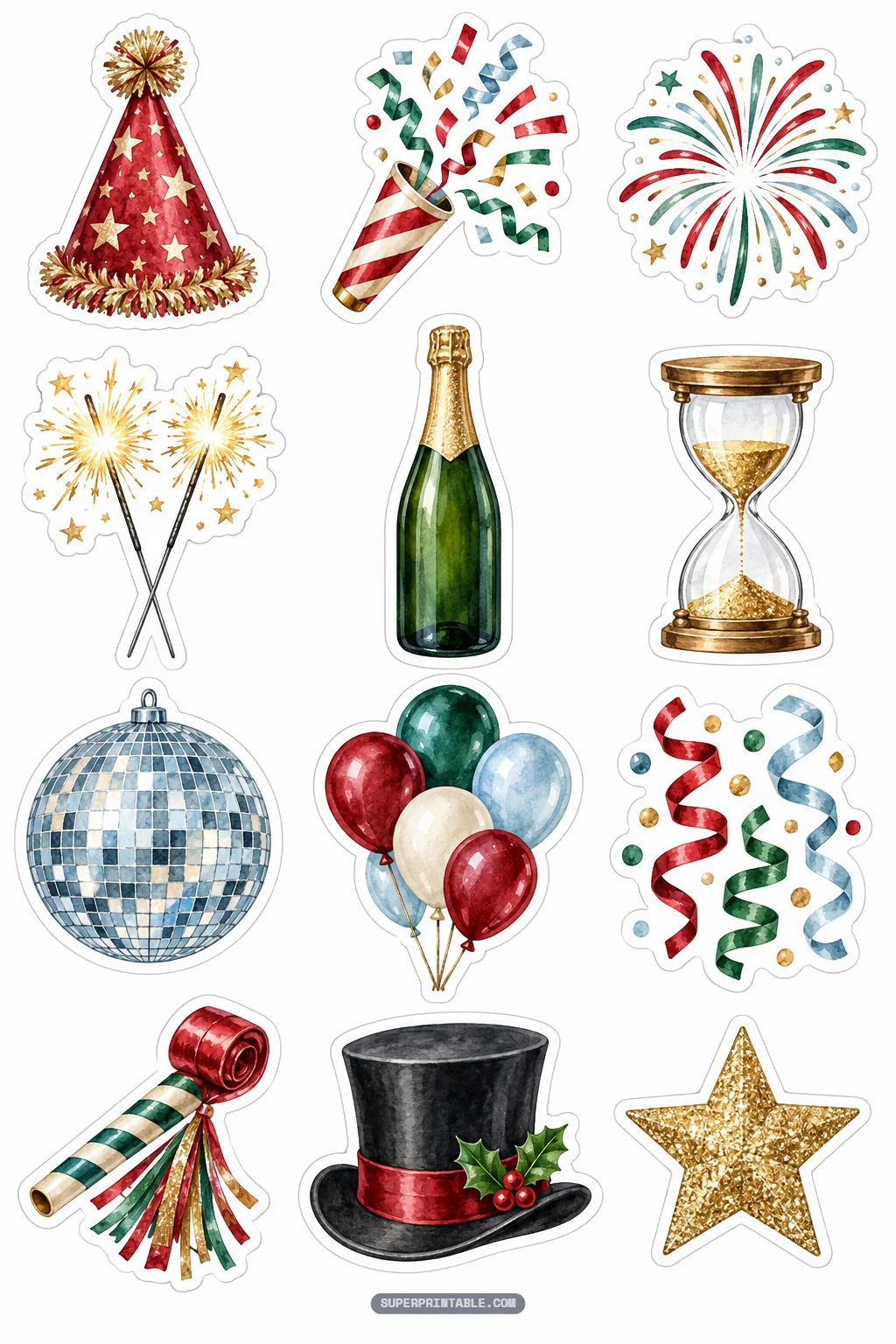 Festive new years eve celebration stickers showing champagne party popper disco ball and sparklers