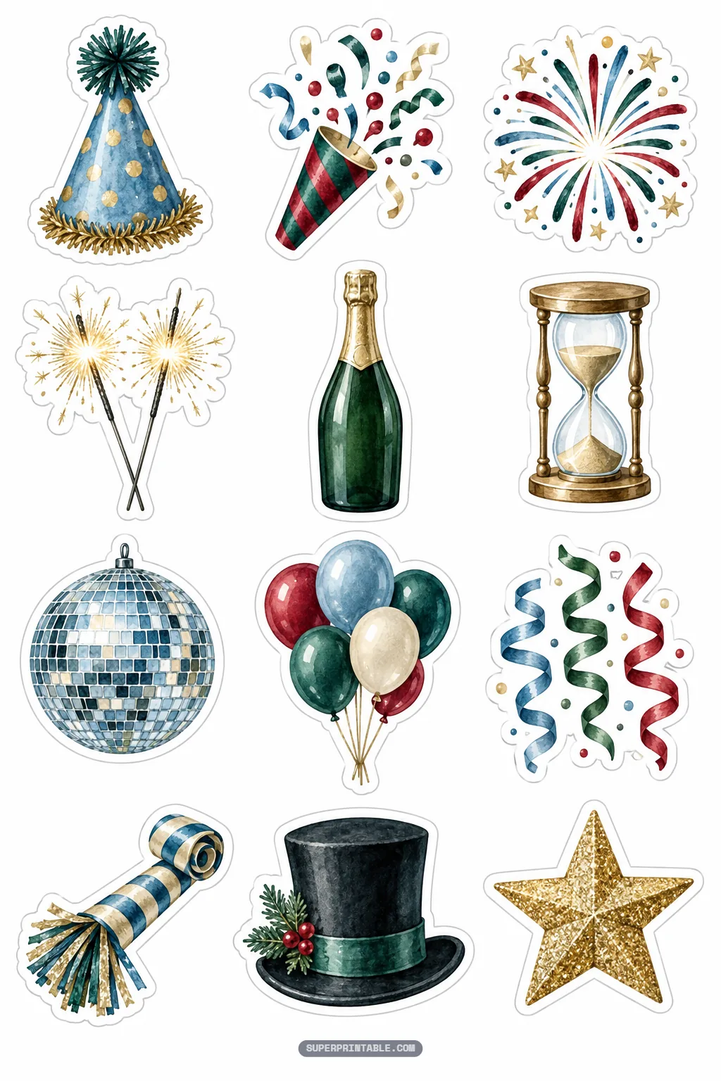 New Year celebration stickers featuring champagne bottles, disco balls, party hats, and golden fireworks
