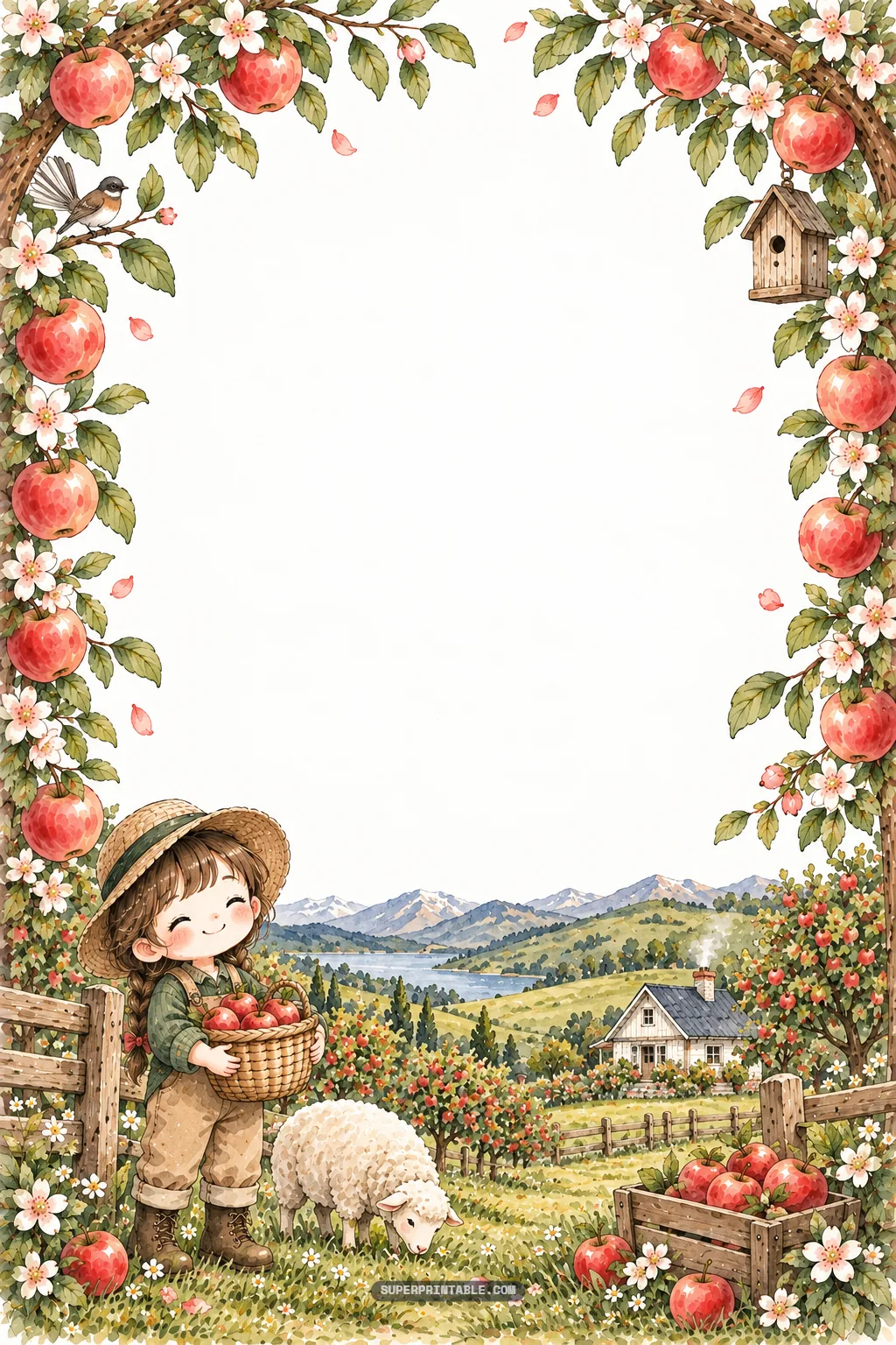 Farm girl and woolly lamb surrounded by apple blossom branches and lake hills
