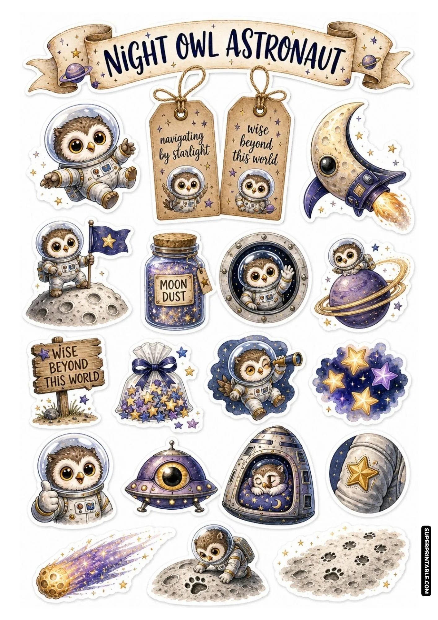 Night owl astronaut sticker sheet with wise owl space explorers and moon rockets.