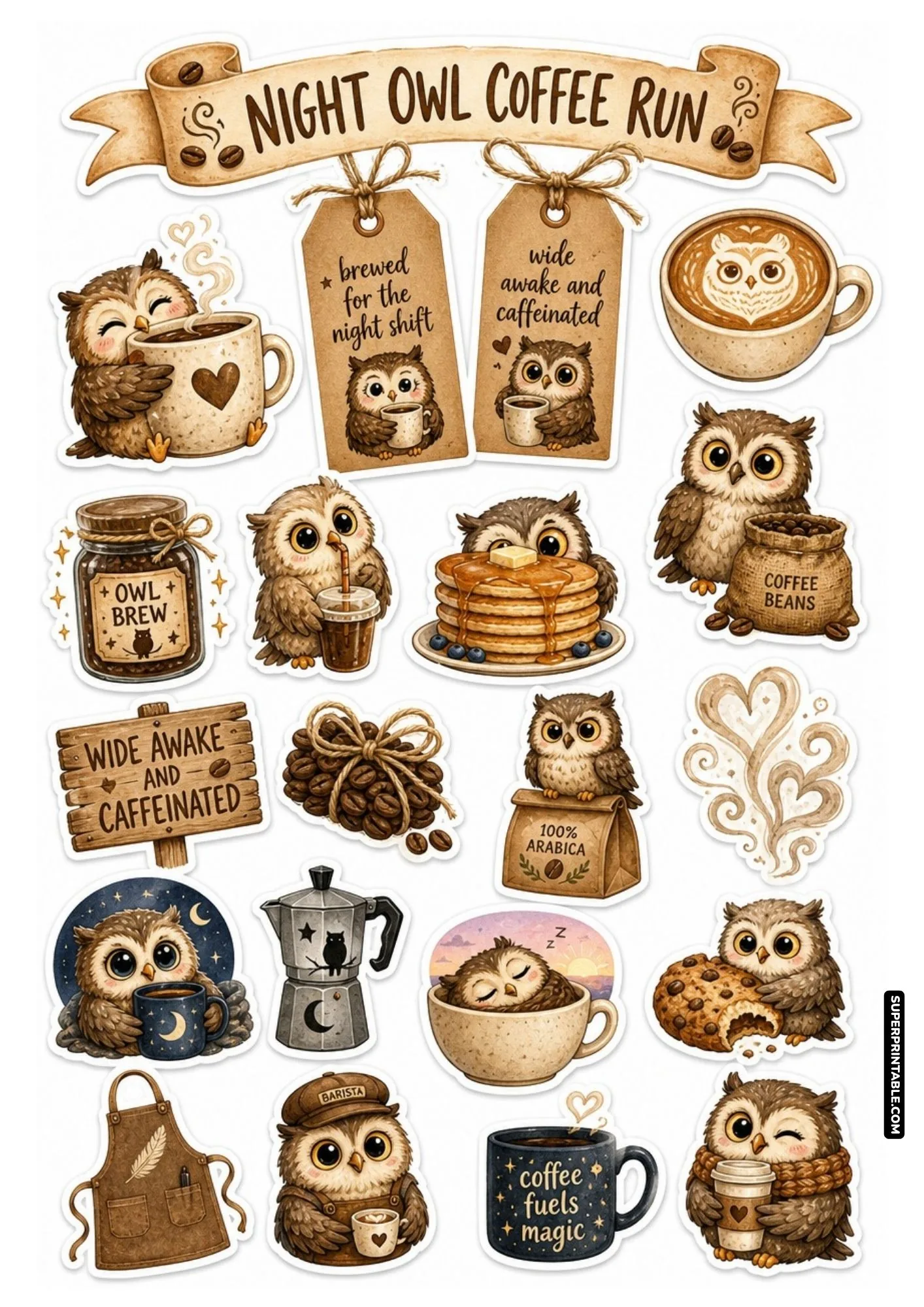 Adorable owl stickers hugging warm coffee mugs and lounging near cafe bean sacks.