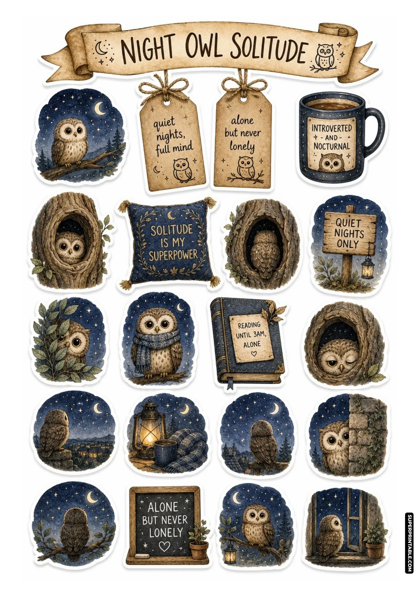 Nocturnal owl sticker collection with starry night skies, cozy tree hollows, books, and glowing lanterns