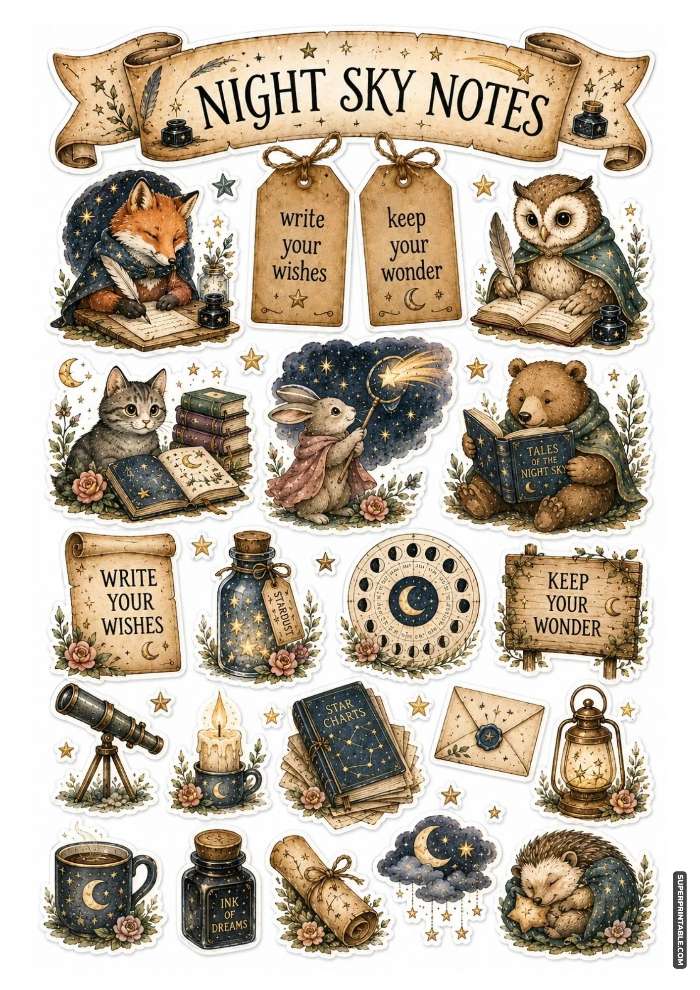 Night sky notes sticker sheet displaying writing quills, ink bottles, star journals, and shooting star nets.