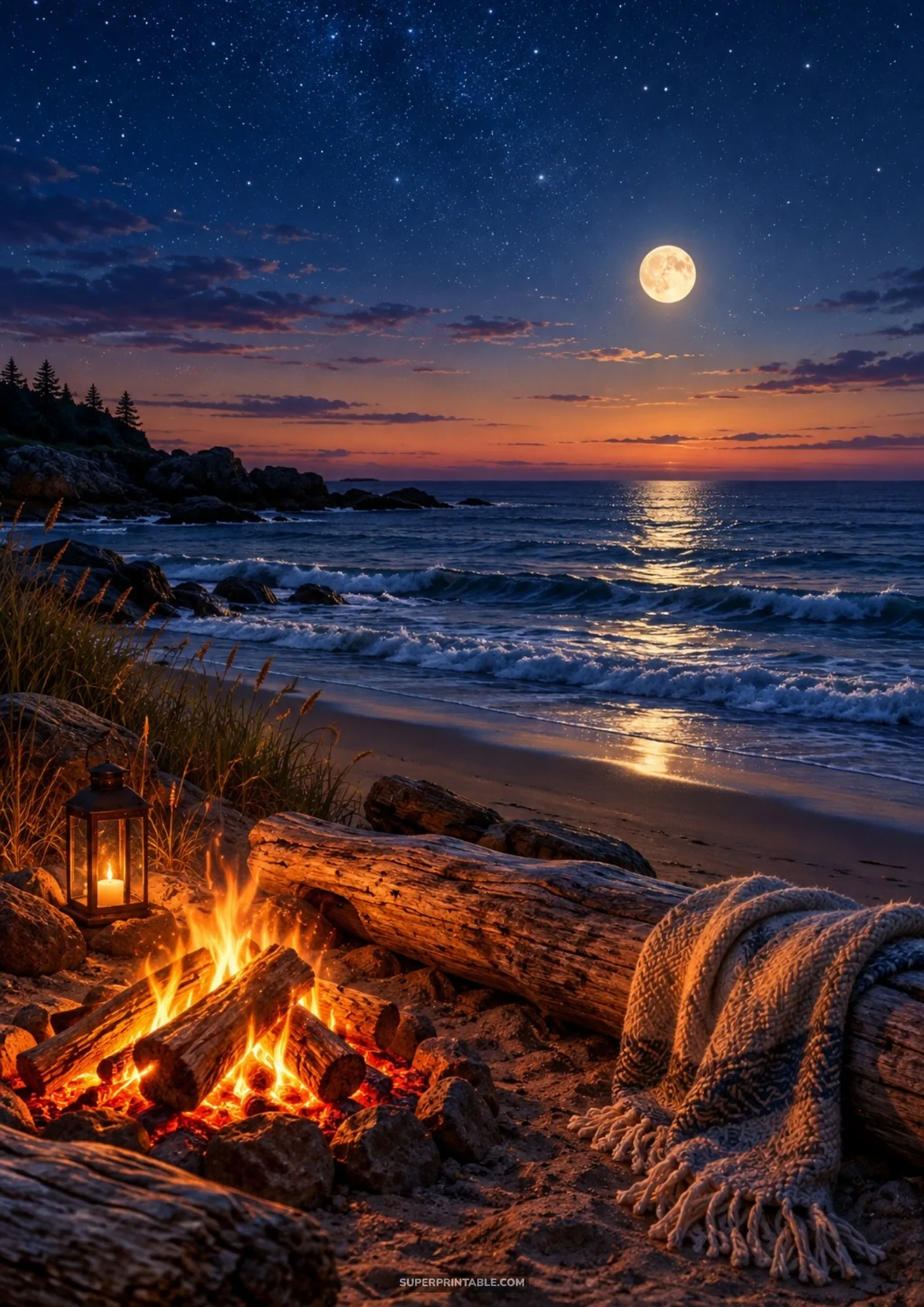 Warm beach bonfire, lantern, and cozy blanket under a radiant full moon