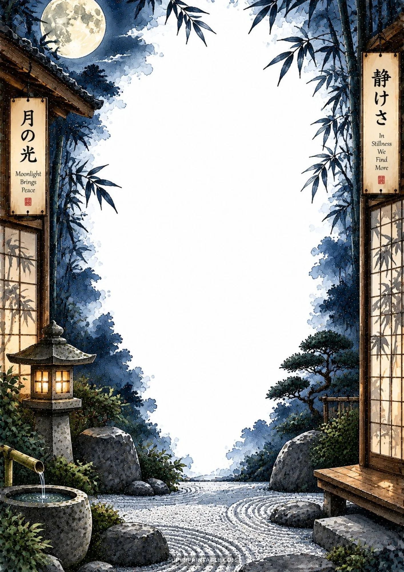 Full moon over indigo bamboo garden with glowing stone pagoda lantern framing an evening stationery sheet.
