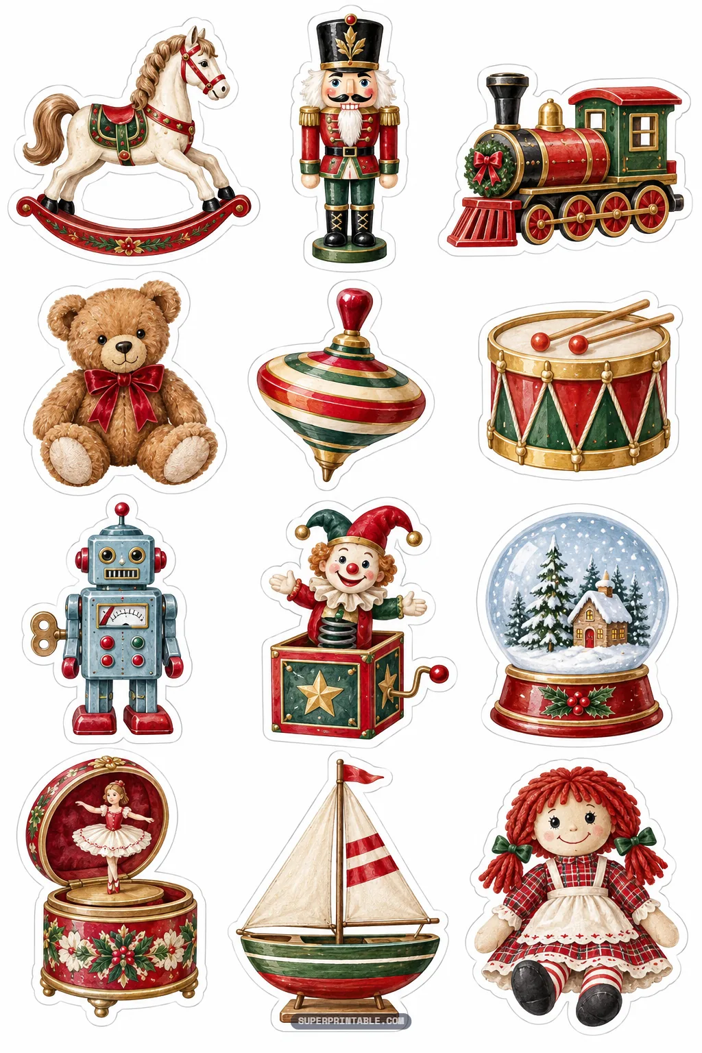 Nostalgic vintage holiday toy stickers featuring nutcracker rocking horse train and teddy bear