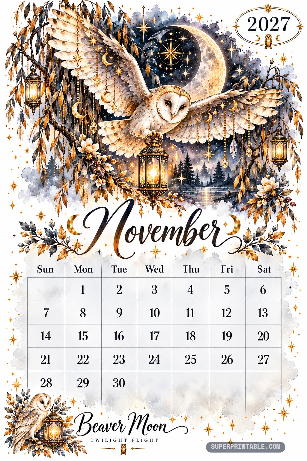 Barn owl in flight carrying a glowing lantern through starlit branches and crescent moon