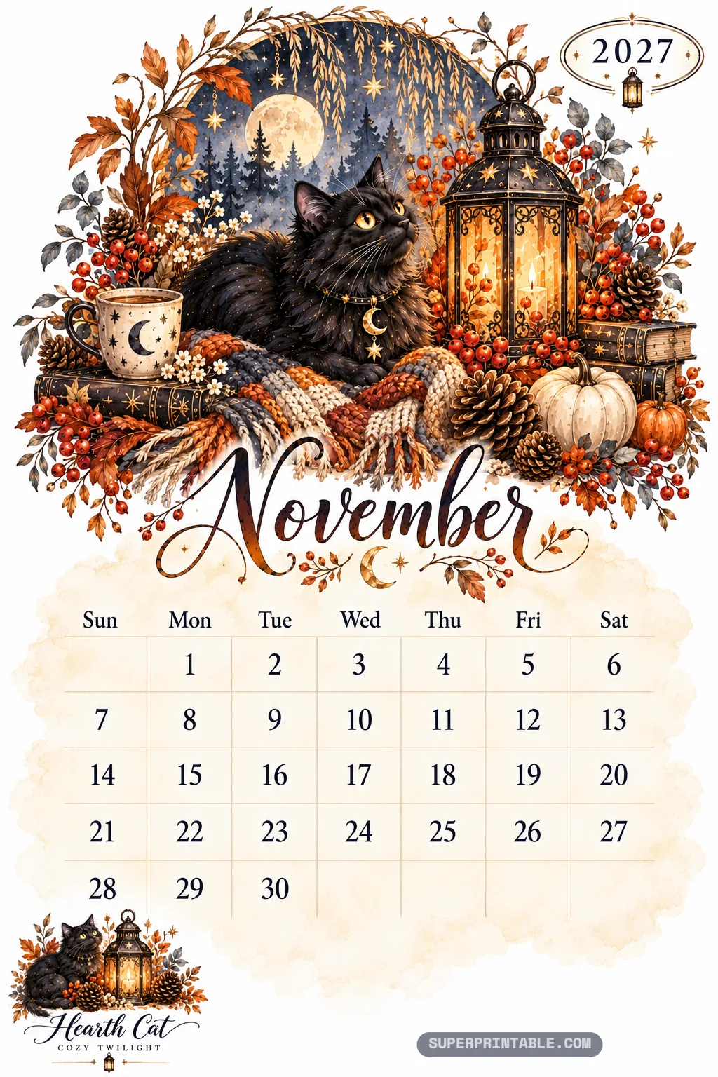 Black cat curled up on a knitted wool scarf beside a warm glowing lantern and steaming ceramic mug
