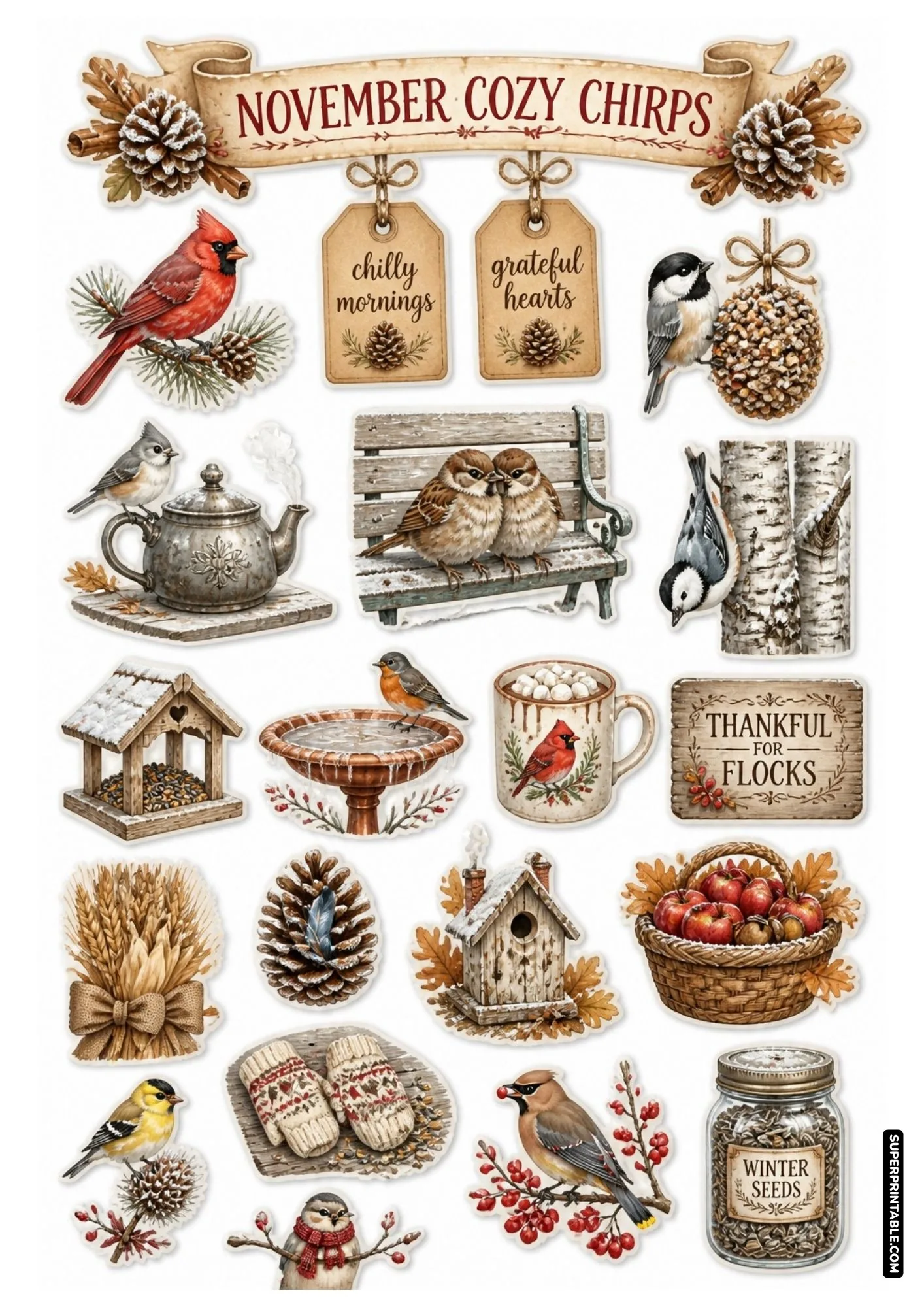 November songbirds sticker sheet with cardinals, cozy teapots, and warm knitted mittens.