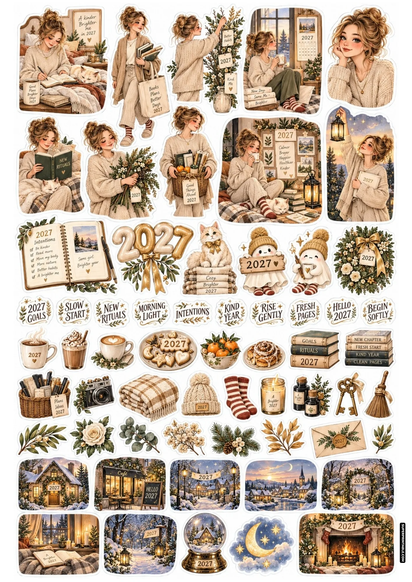 Aesthetic beige sticker sheet with a girl resting in oatmeal knitwear beside planners and winter city scenes.