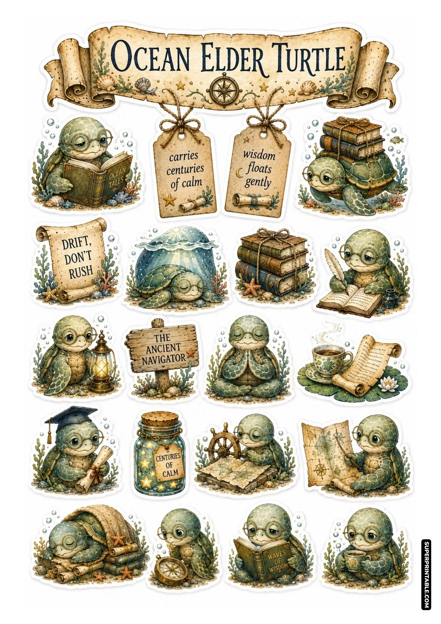 Wise sea turtle printable sticker sheet with vintage scrolls, underwater plants, reading glasses, and compasses.